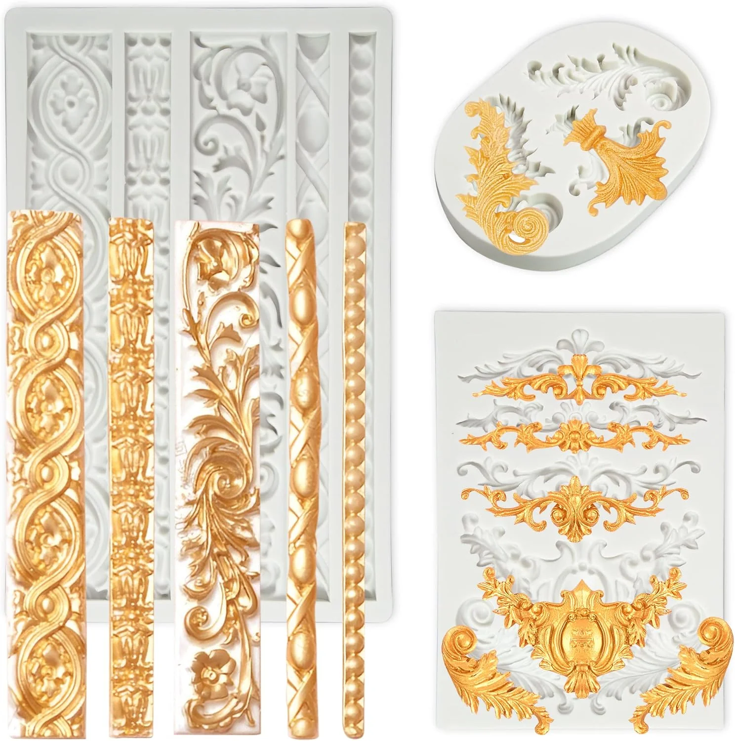 Selected 3 Packs Baroque Silicone Molds Scroll Silicone Baroque Mold Clay Molds Fondant Molds Border Fondant Mold Wedding Birthday Cake Decoration High-Quality