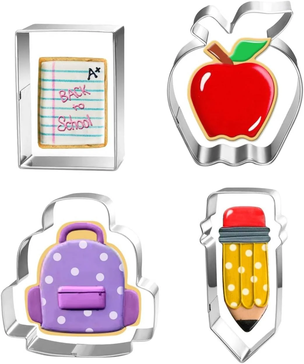 High-Grade Back to School Cookie Cutter Set-4 Piece-Bag Book Apple Pencil Fondant Biscui Cutters Premium
