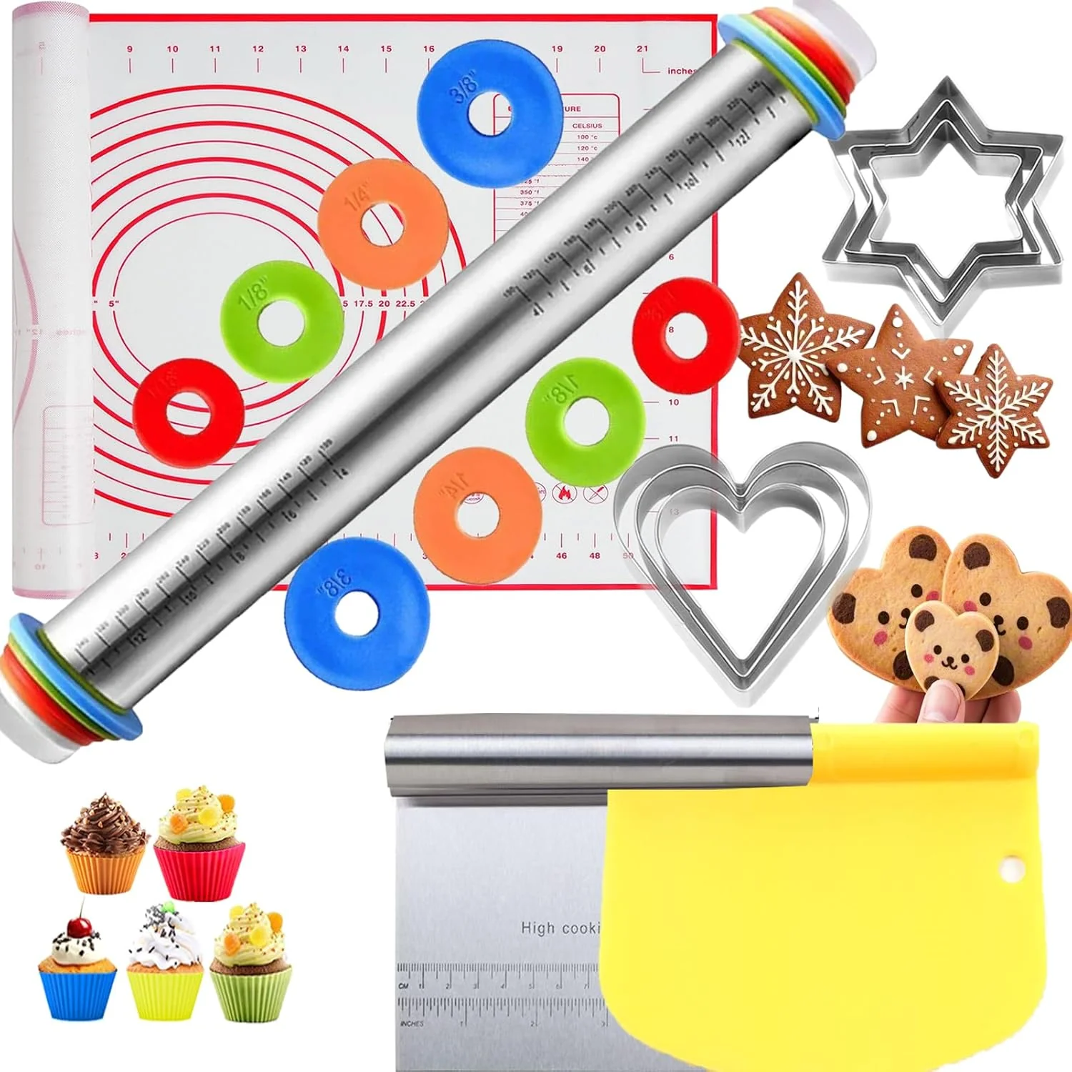 Next-Generation Adjustable Rolling Pin 19 Baking Tool Set and Silicone Baking Pastry Mat Set Thickness Rings Consistent