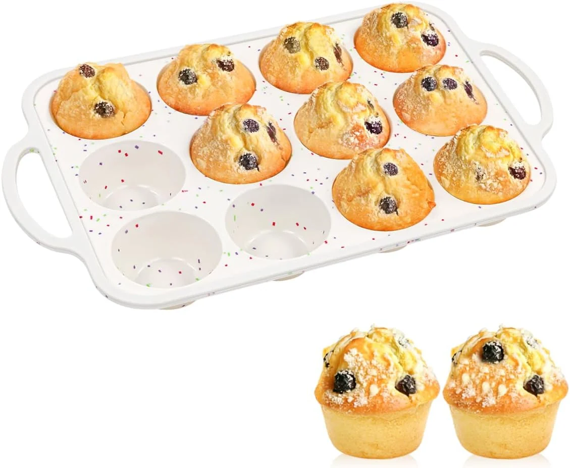 Authentic FUNBAKY Silicone Muffin Pan with Metal Frame Nonstick 12 Cups Regular Size Silicone Muffin Tin for Oven Baking Easy to Move with Handle BPA First-Class