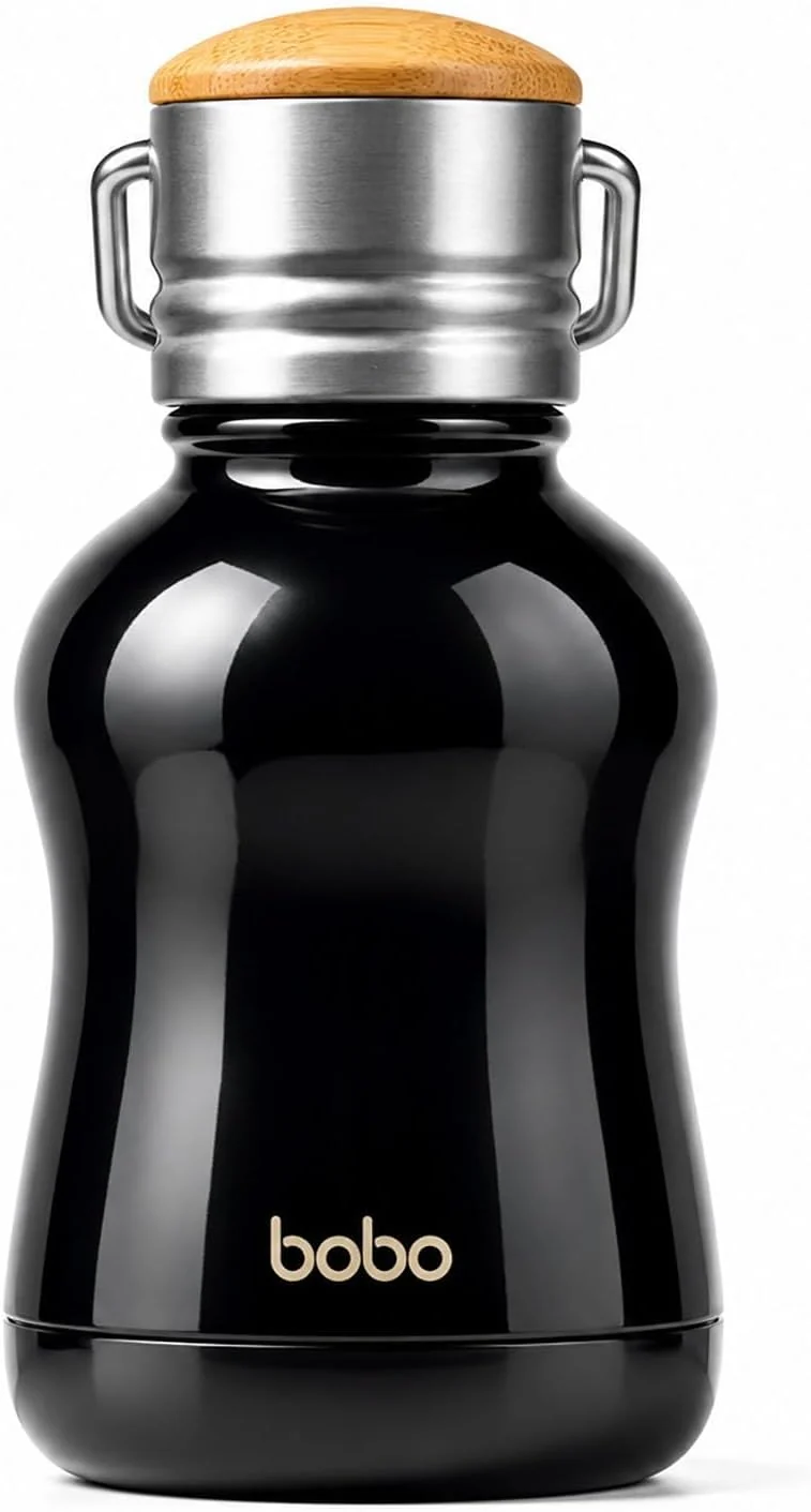 Premium Material YOHKOH Mini Vacuum Insulated Water Bottle With Bamboo Lid – Stainless Steel Thermos Water Bottle for Women Girls Kids Metal Sports Hot and Cold Water Bottle Leak-Proof BPA- 6.4oz Black Fine