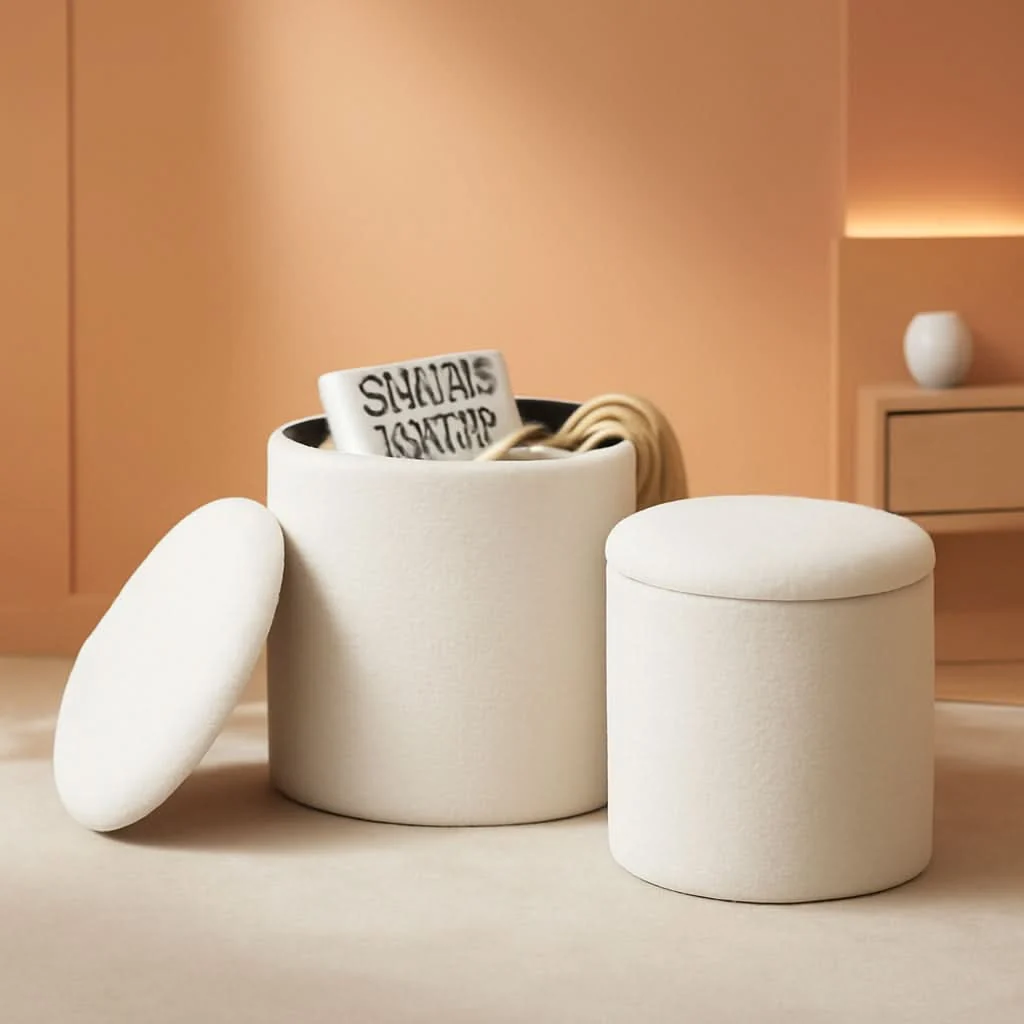 Optimized White Round Boucle Velvet Upholstered Storage Ottoman Lightweight