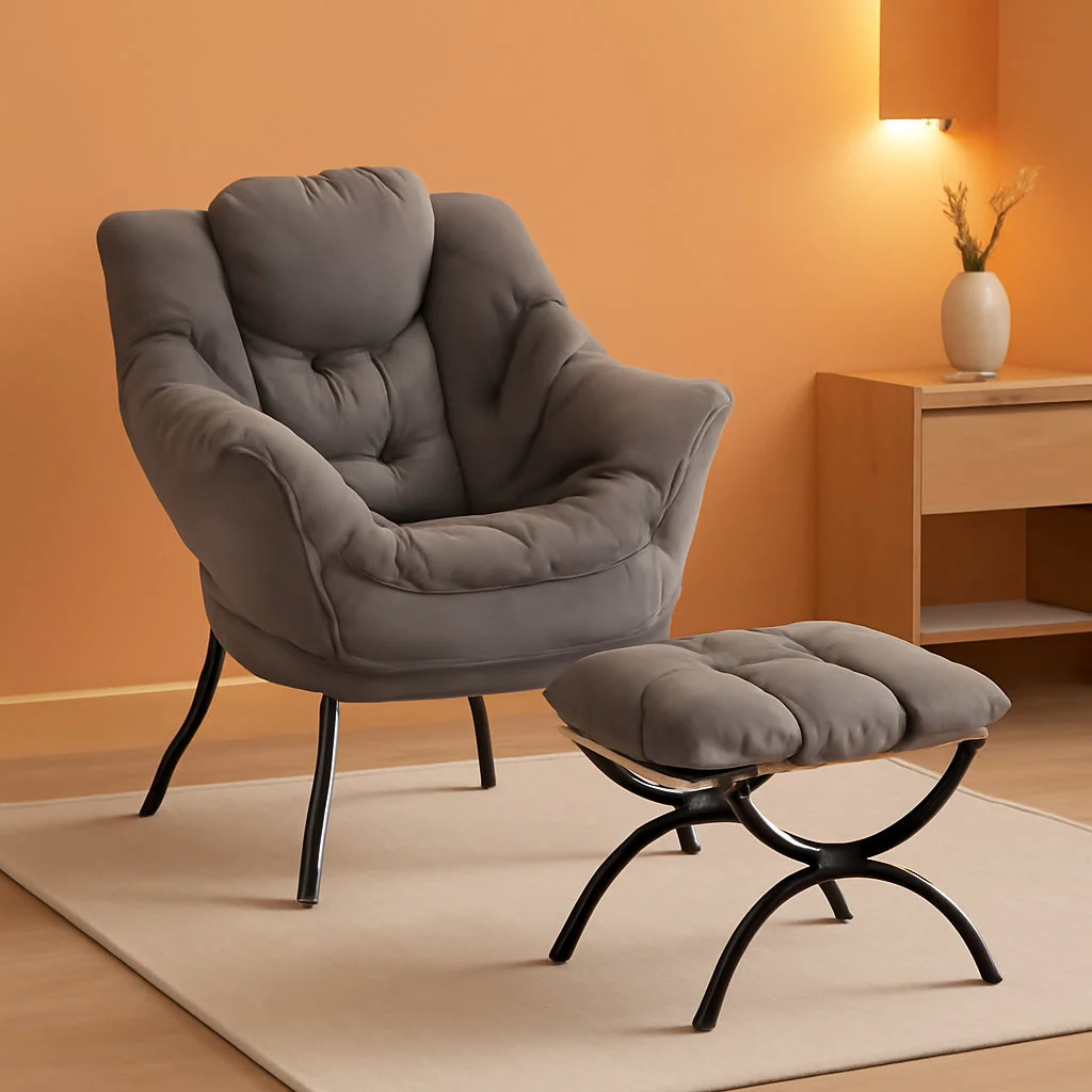Crafted Dark Grey Velveteen Upholstered Ottoman Lounge Chair Artisan