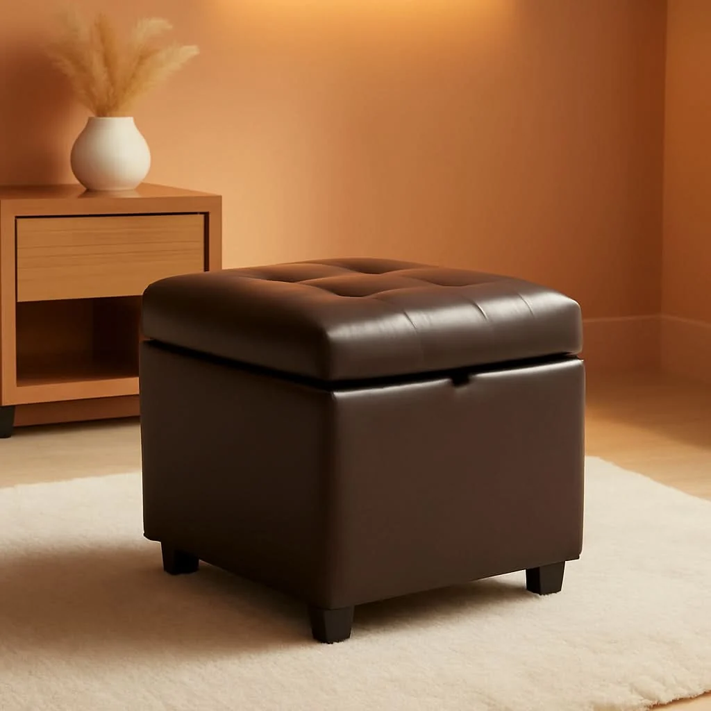 Refined Brown Leather Storage Ottoman Cube Tufting Breathable