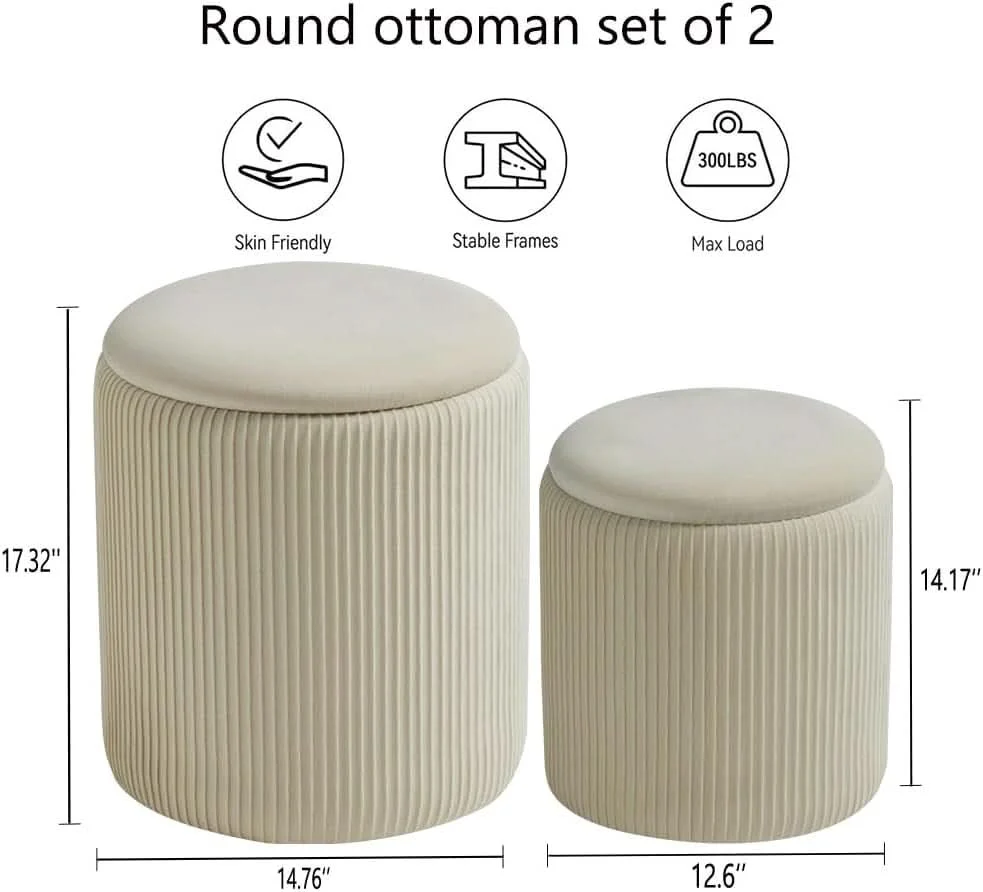 Long-Lasting White Storage Ottoman Round Velvet Upholstered Set Lightweight
