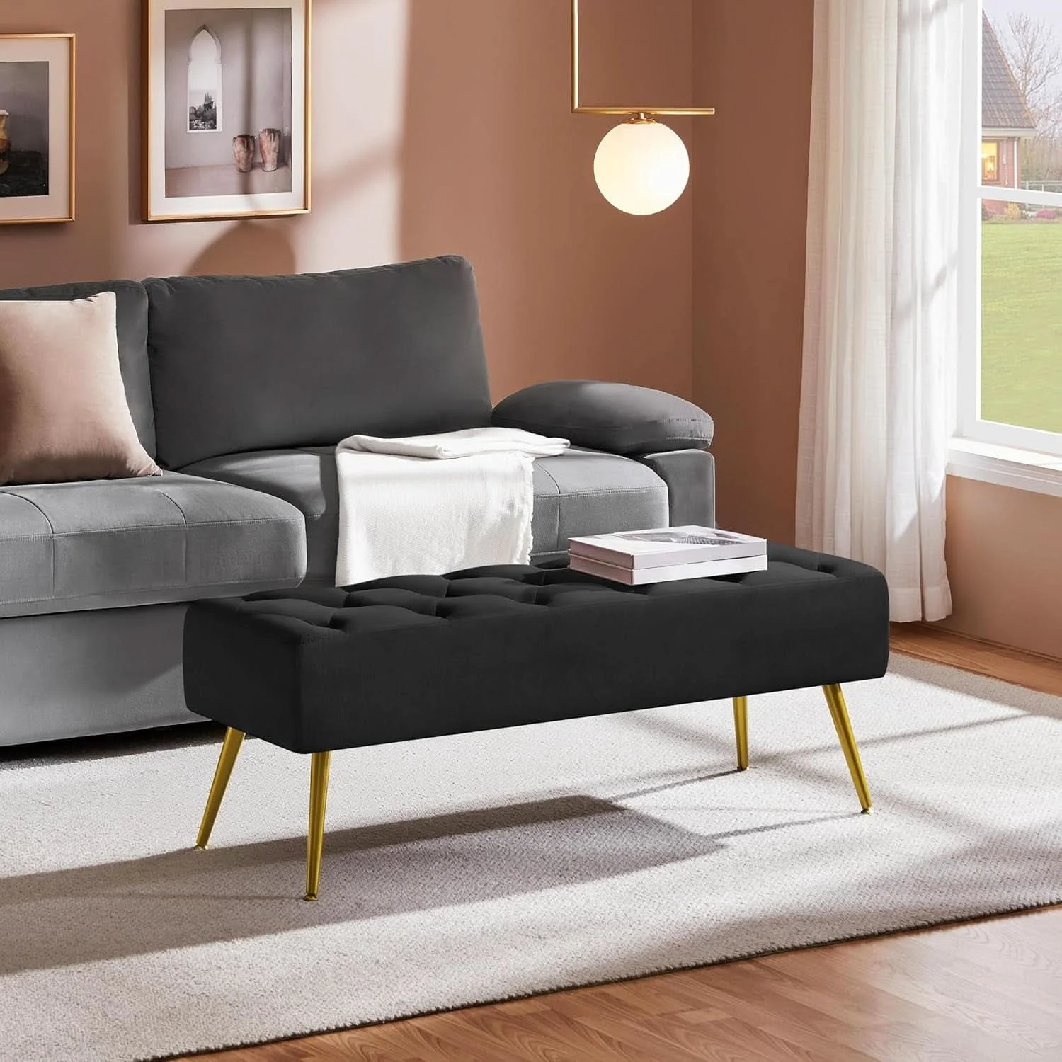 Genuine Black Velvet Upholstered Ottoman Bench Golden Legs Natural