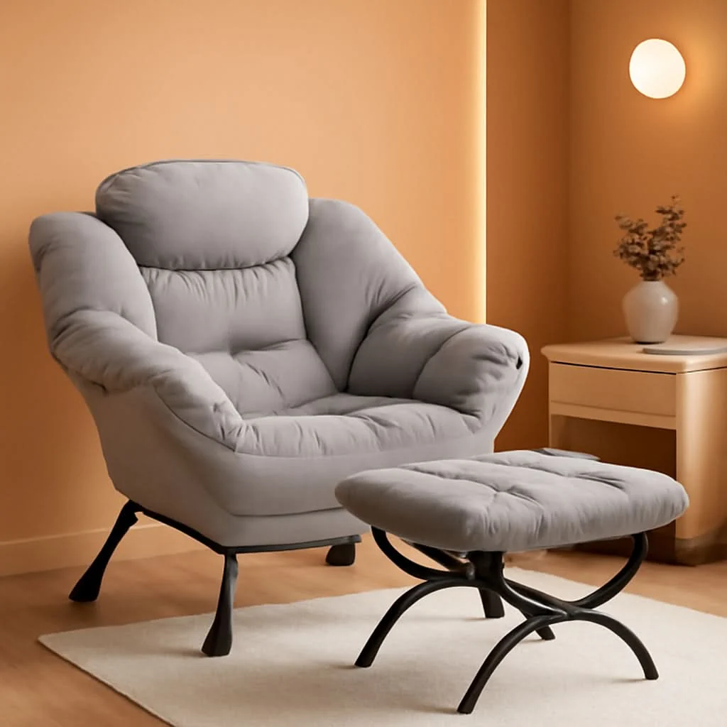 Fashionable Large Light Gray Upholstered Armchair Folding Ottoman Modern