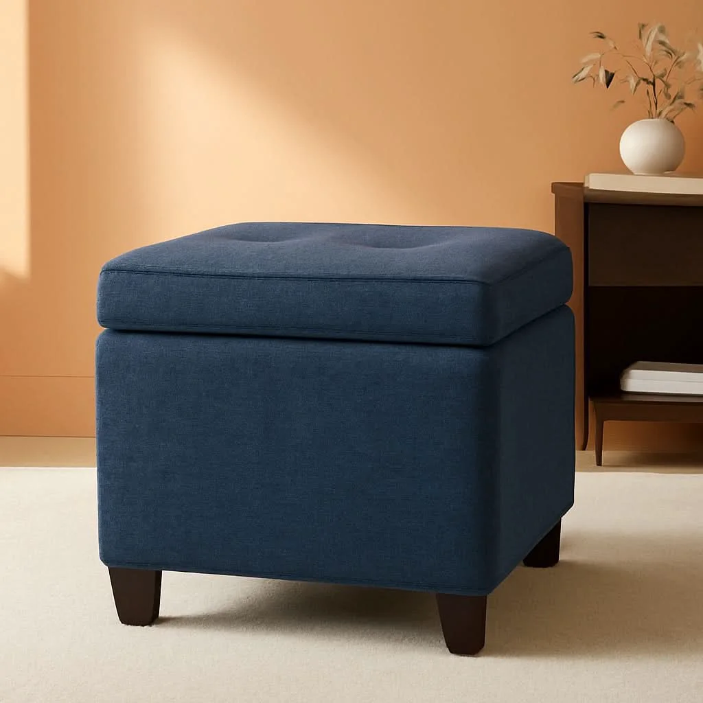 Fine Navy Textured Square Tufted Storage Ottoman Compact Efficient