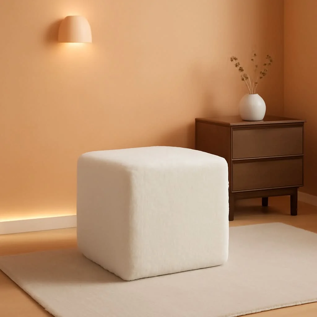 Exclusive Cream Square Luxurious Upholstered Foam Pouf Ottoman High-Performance