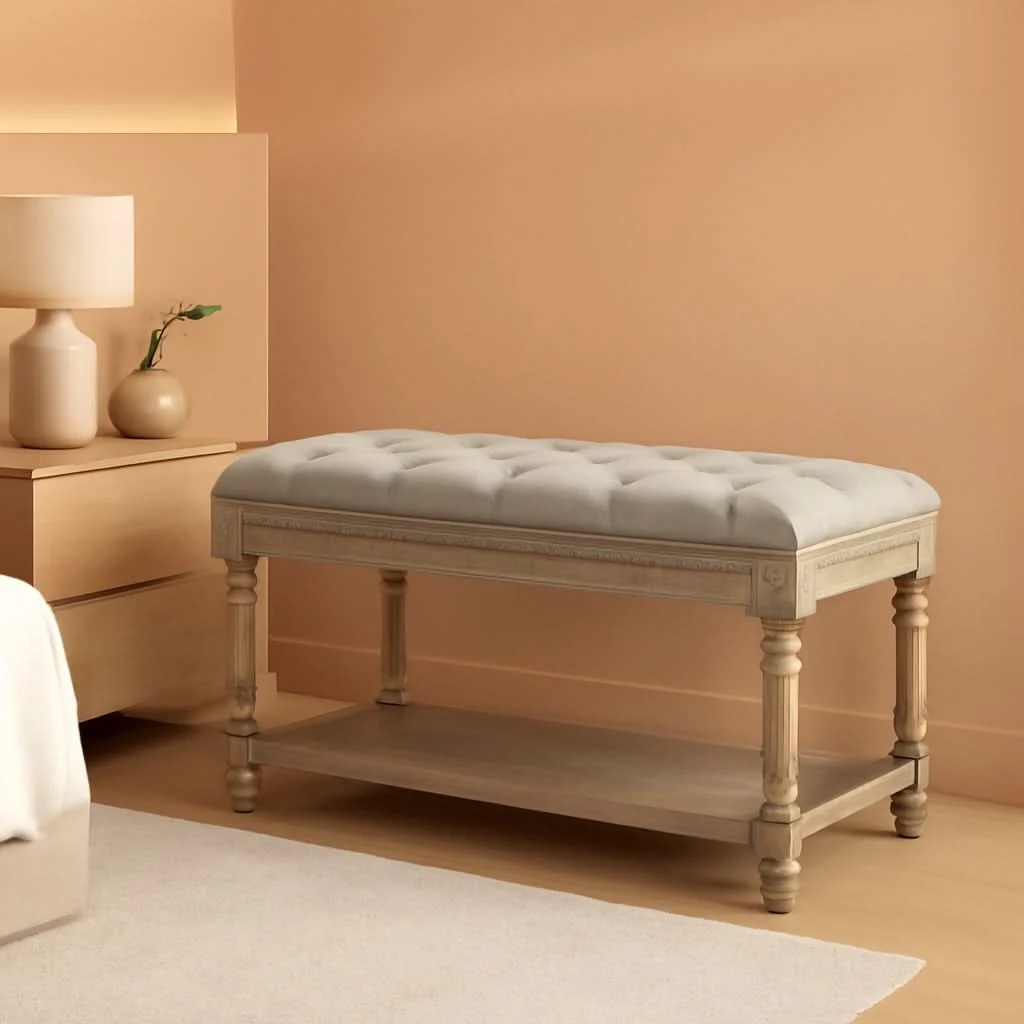 Clean Grey Tufted Upholstered Storage Ottoman Bench Shelf Premium Material