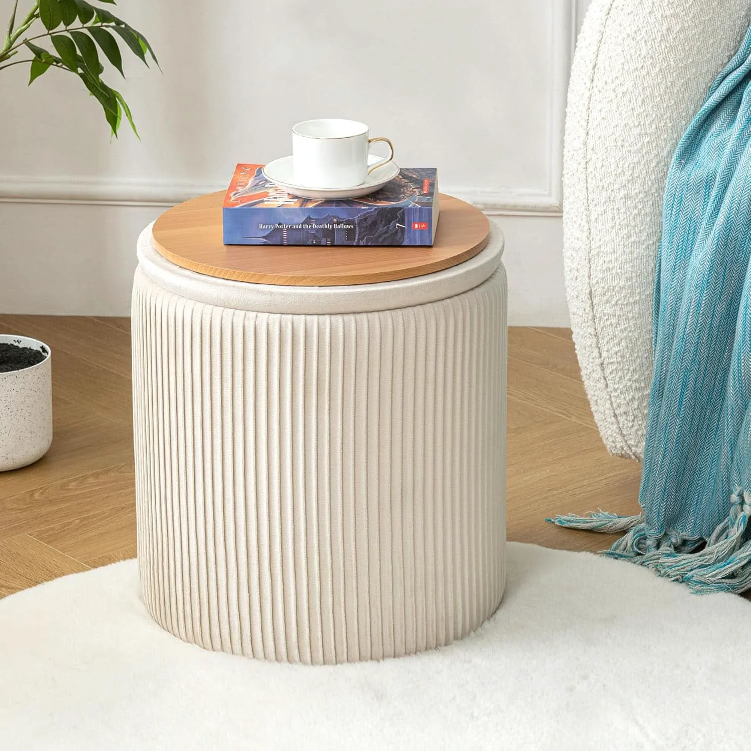 Easy-to-Use Beige Velvet Storage Ottoman With Hidden Compartment Carefully Designed