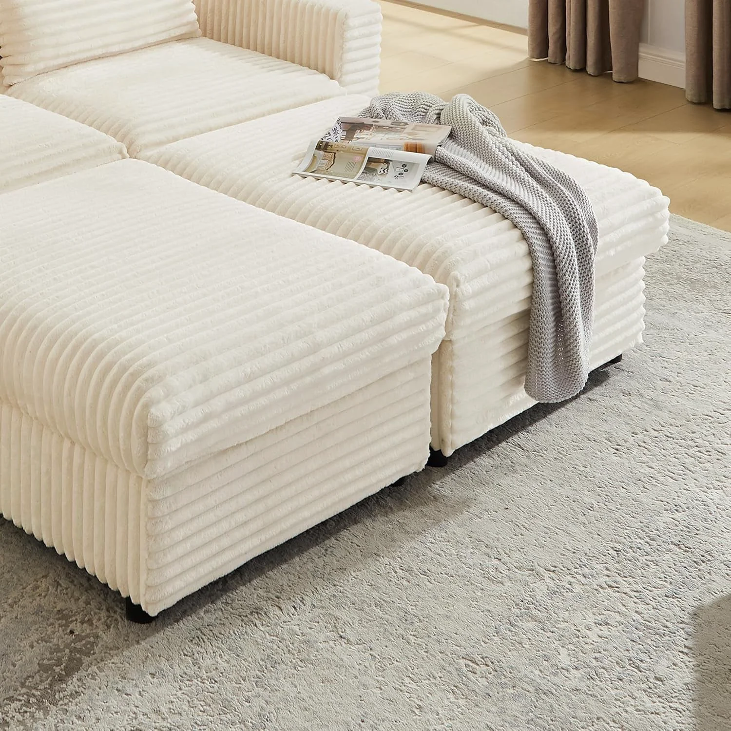 Top-Quality Beige Corduroy Storage Ottoman With Hidden Compartment High-Performance