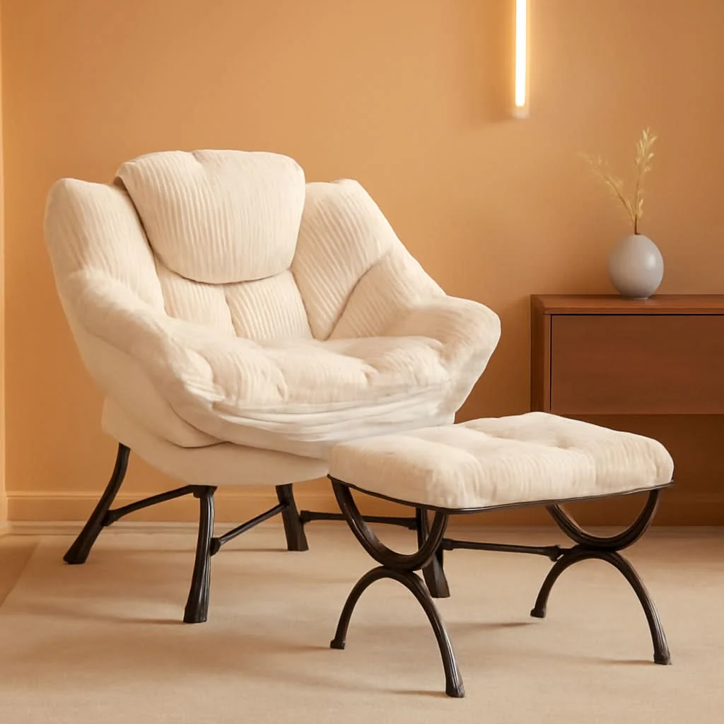 Superior Large Corduroy White Armchair With Ottoman Footrest Exclusive