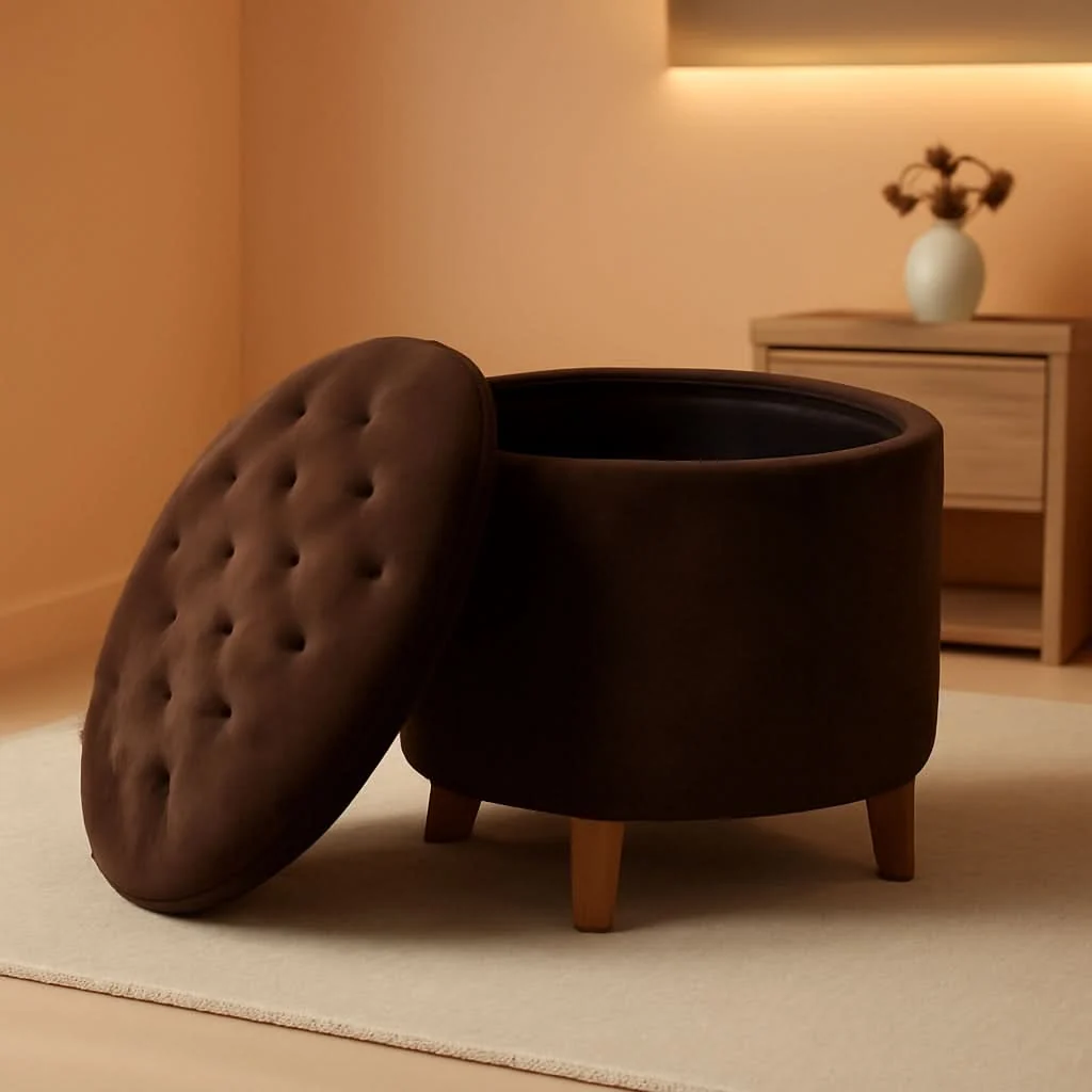 Recyclable Brown Velvet Upholstered Ottoman With Concealed Storage Premium Material