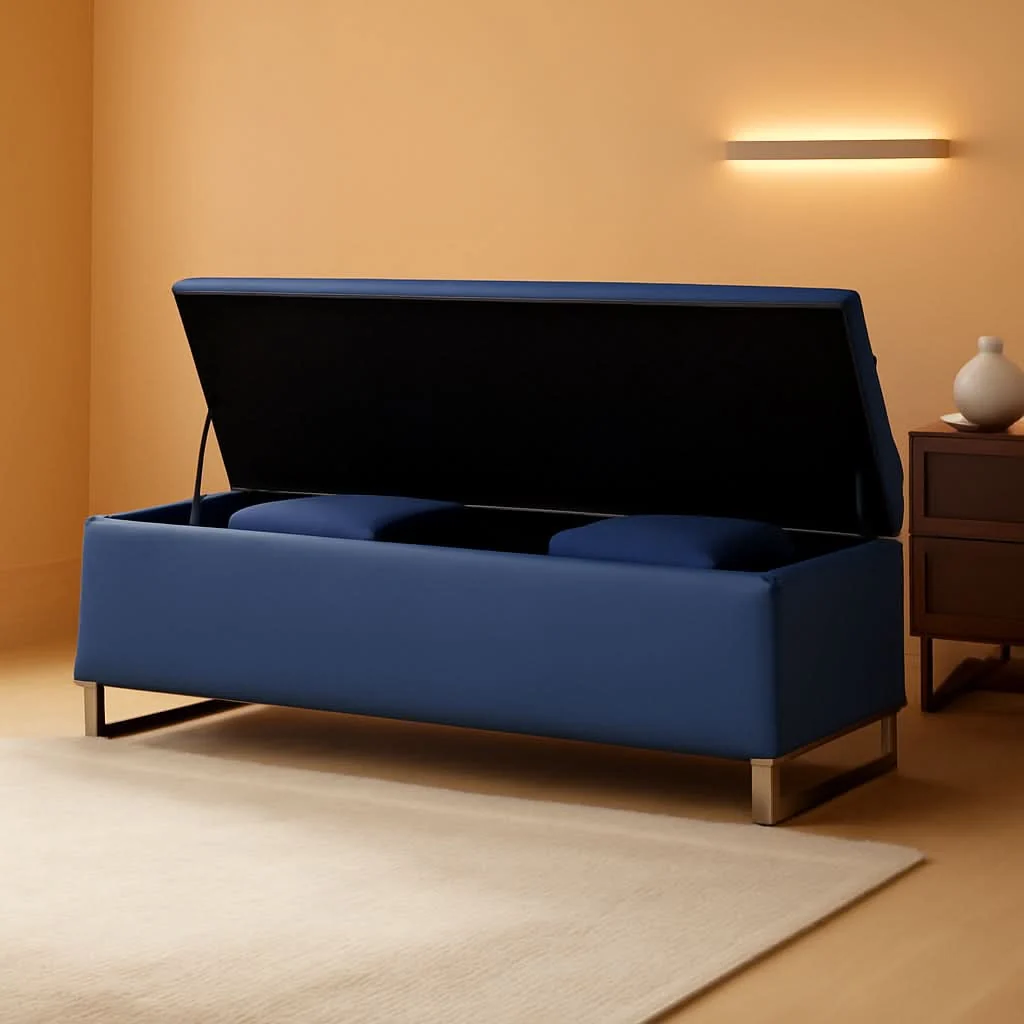 Recyclable Navy Upholstered Storage Ottoman Bench With Hideaway Safe
