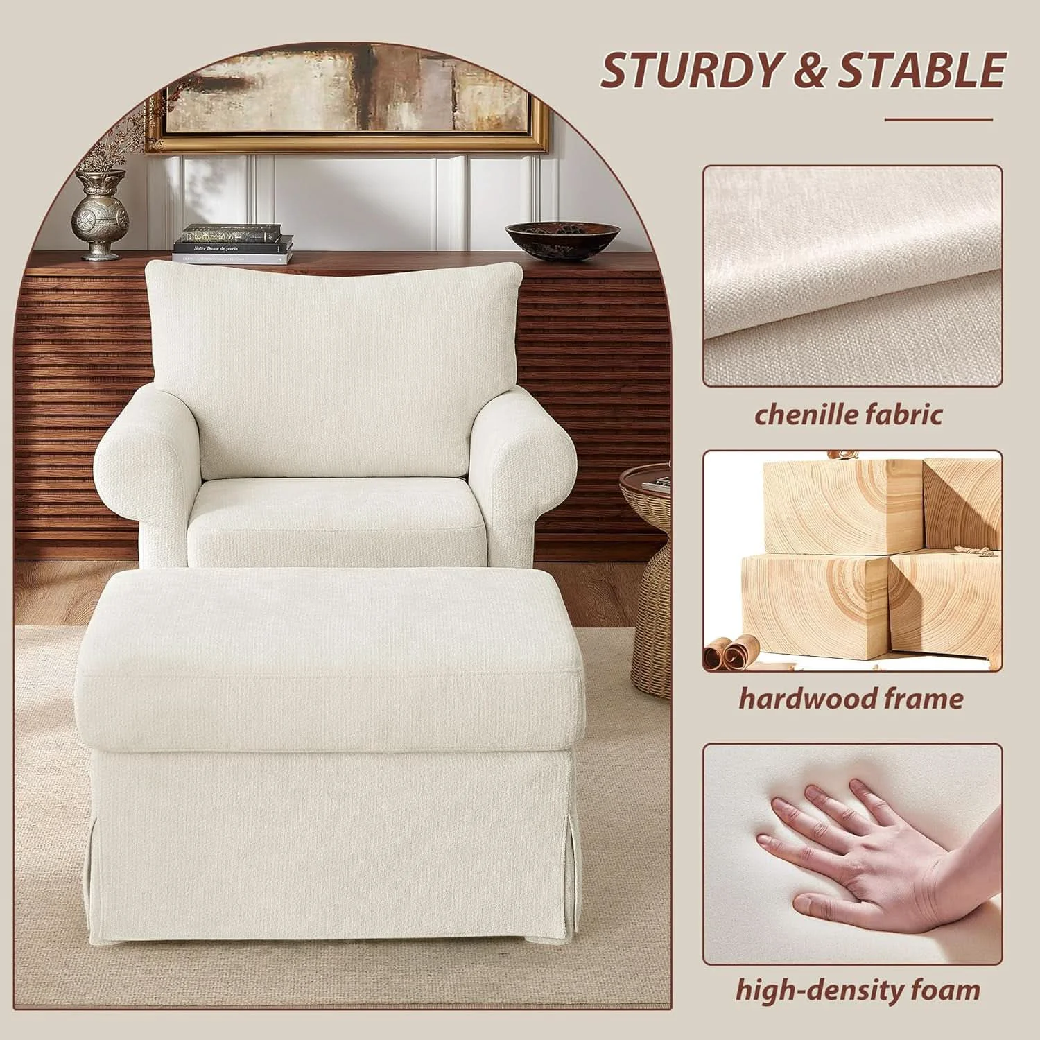 Enhanced Beige Chenille Contemporary Ottoman Reading Chair Set Stylish