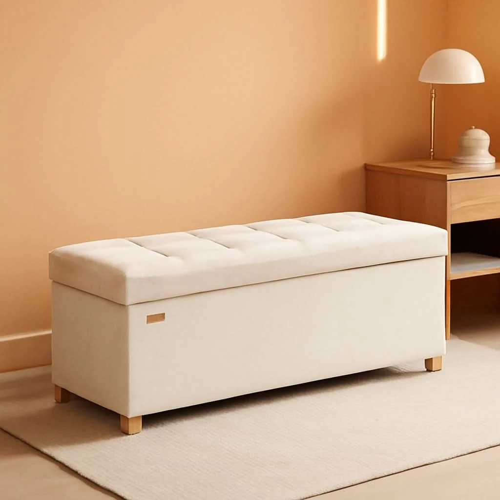 High-Performance Cappuccino Beige Velvet Storage Ottoman Bench Folding Enhanced