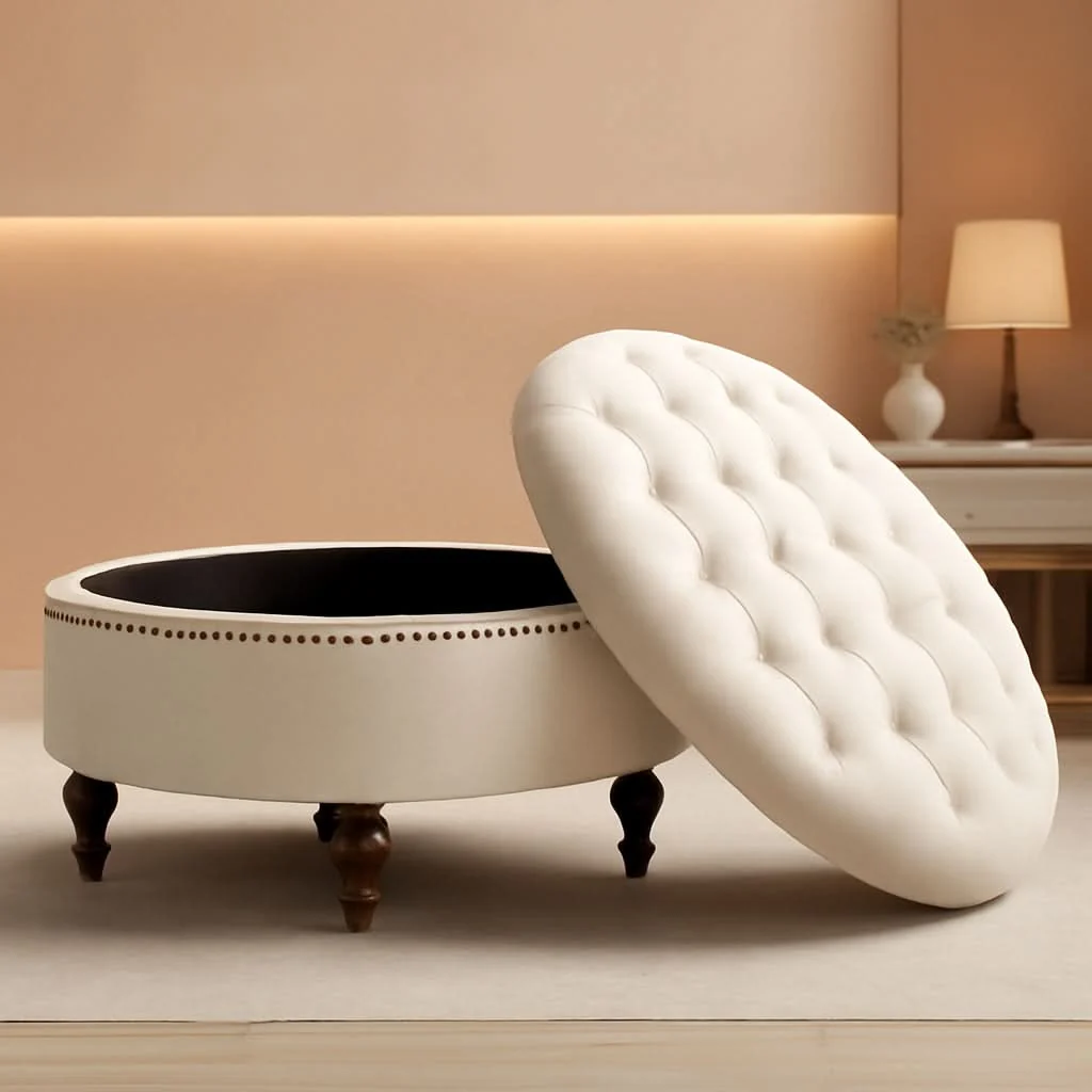 High-Quality Large 31.5 Inches Round Storage Ottoman LinenBeige Relaxed