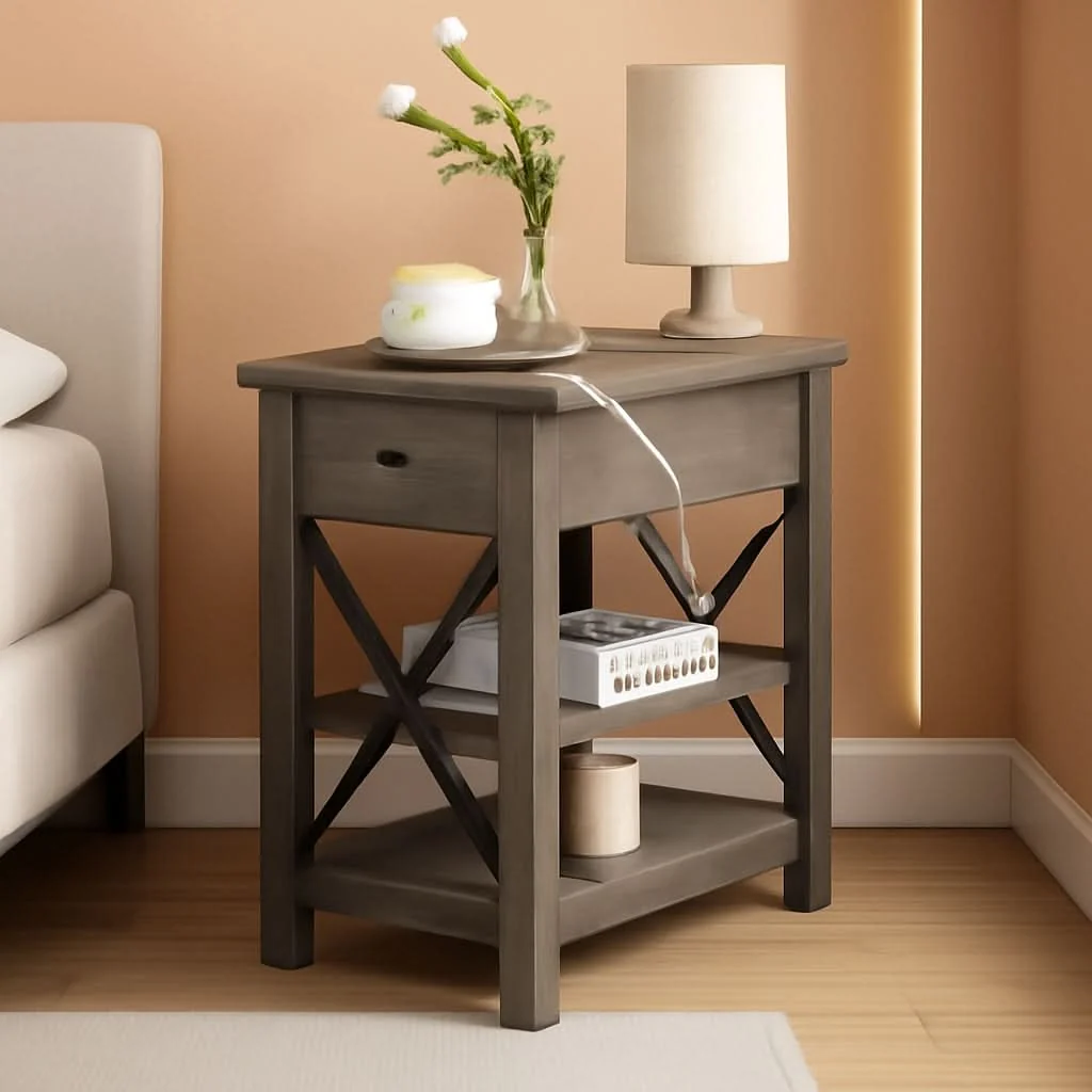Sophisticated Farmhouse Slim End Table With USB Charging Station Crafted