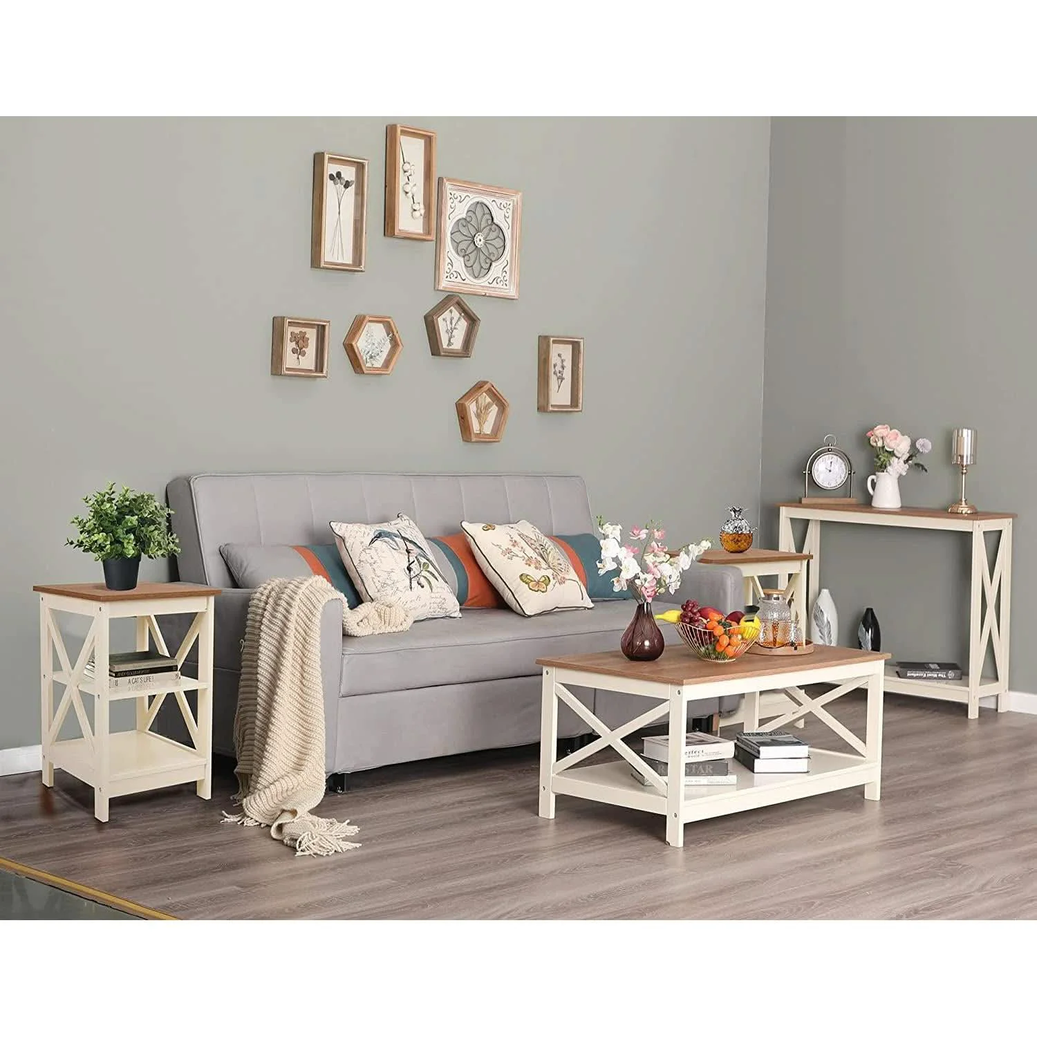 Fashionable Rustic Ivory End Table Set Of 2 With Shelves 23.6 Inch Efficient