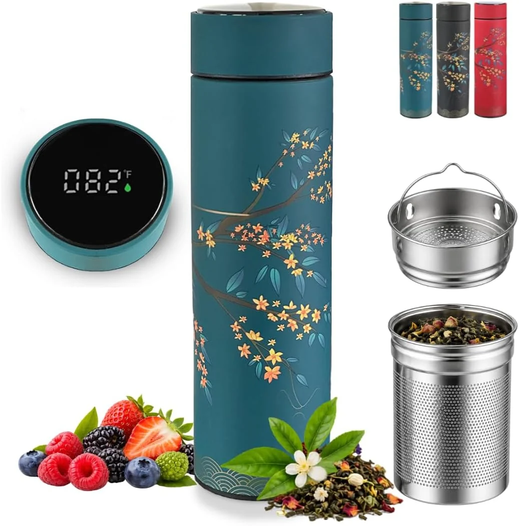 Natural Farasi Tea Infuser for Loose Leaf Tea Smart Water Bottle with Temperature Display Stainless Steel Insulated Coffee and Fruit Tea Infuser Bottle – Green Floral Travel Tea Mugs 15 oz Effective