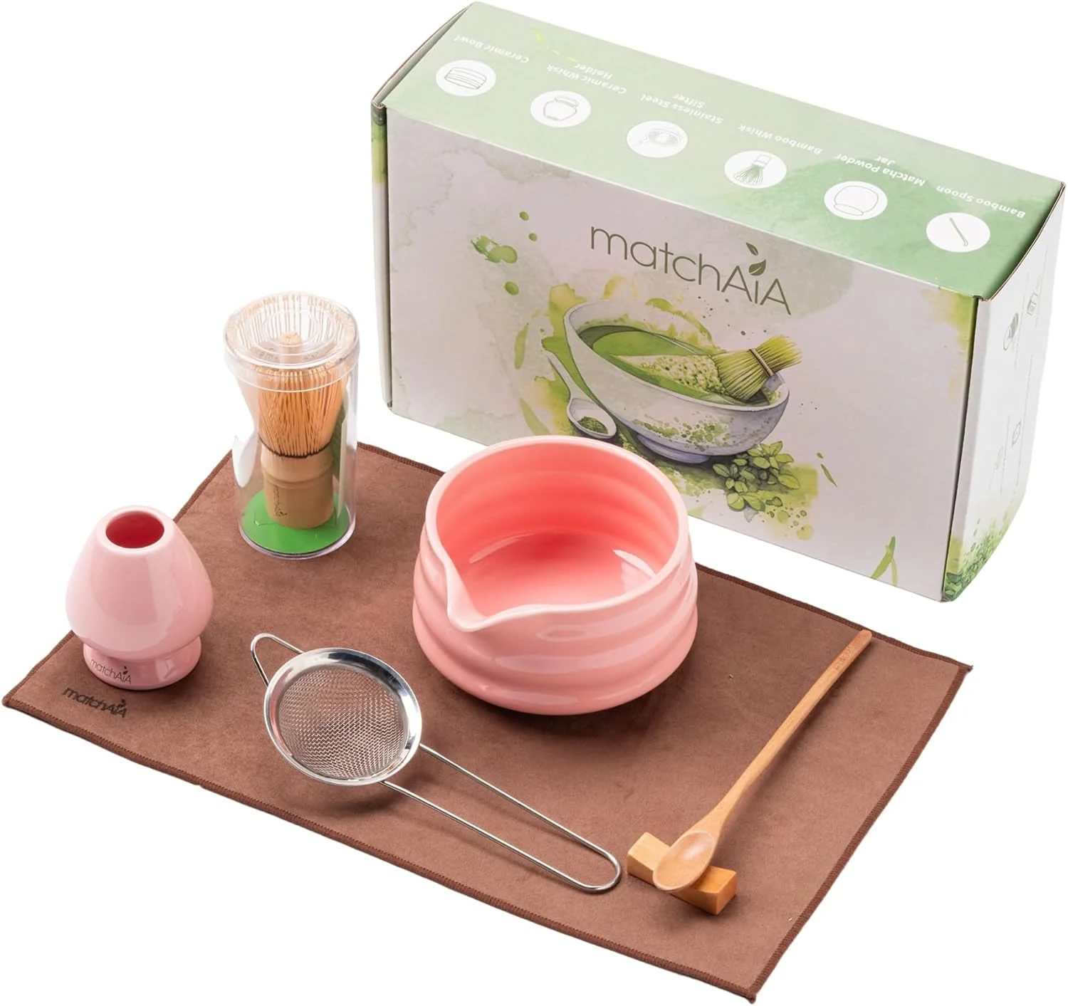 Recyclable MatchAiA Matcha Whisk Set – Ceramic Bowl Bamboo Whisk with Holder Sifter Schima Spoon Spoon Rest and Tea Towel – 7 Pcs Complete Kit for Traditional Matcha and Modern Lattes Pink Elegant