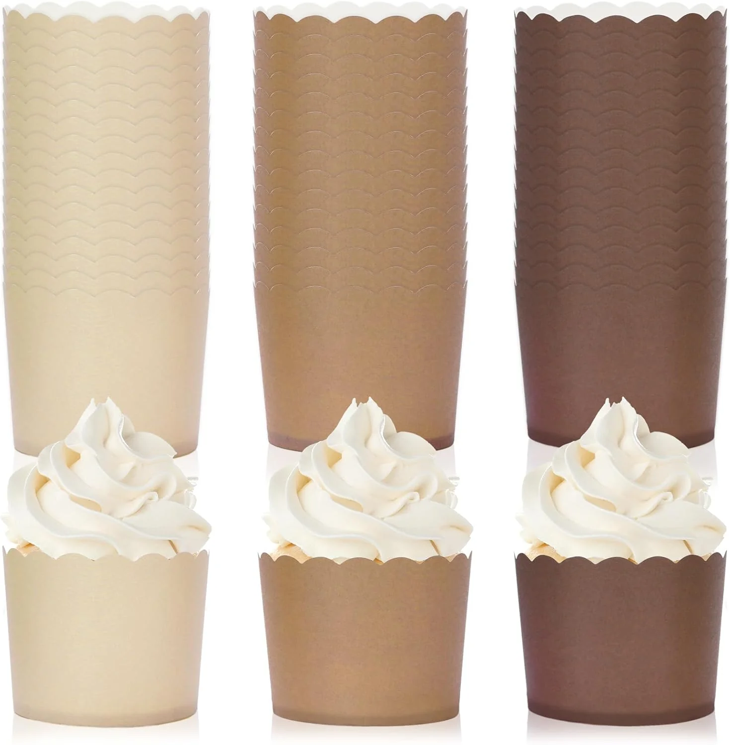 Casual Whaline 120Pcs Brown Paper Baking Cups Scalloped Edge Cupcake Wrappers Gradient Brown Cupcake Muffin Cases for Wedding Birthday Baby Shower 3 Colors Versatile