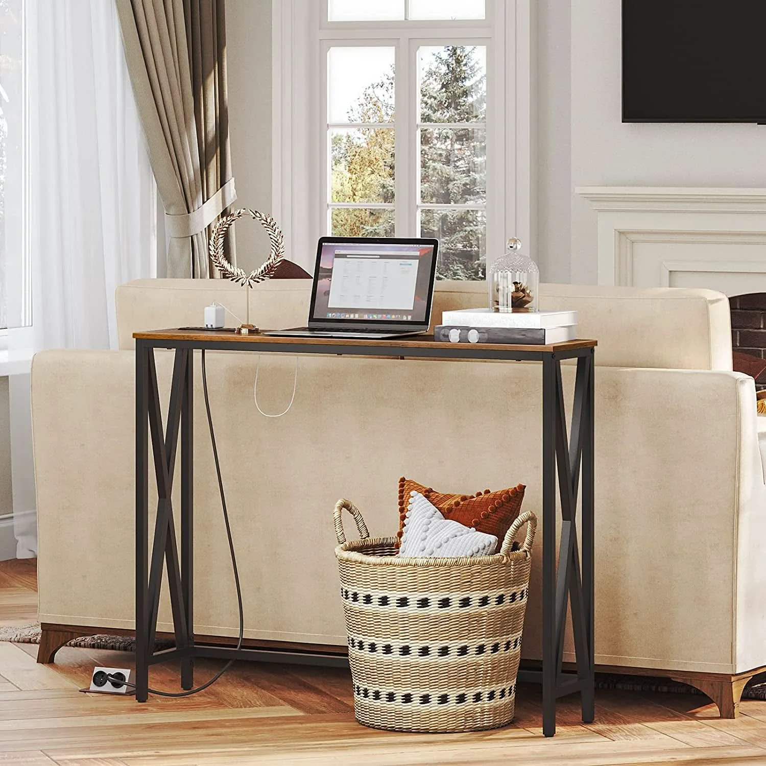 Premium Material Rustic Brown Sofa Table With Power Outlet And USB Ports Environmentally Friendly