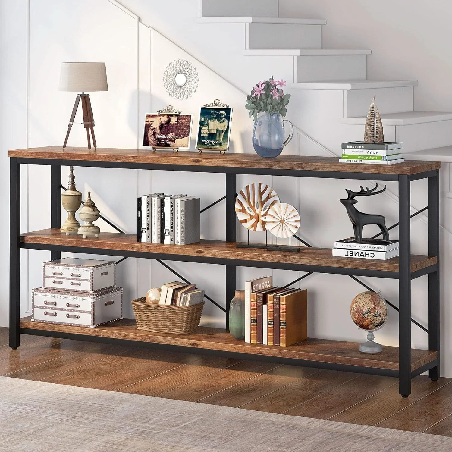 Relaxed 70 Inch Weathered Rustic Brown Sofa Console Table Three Tier Superior