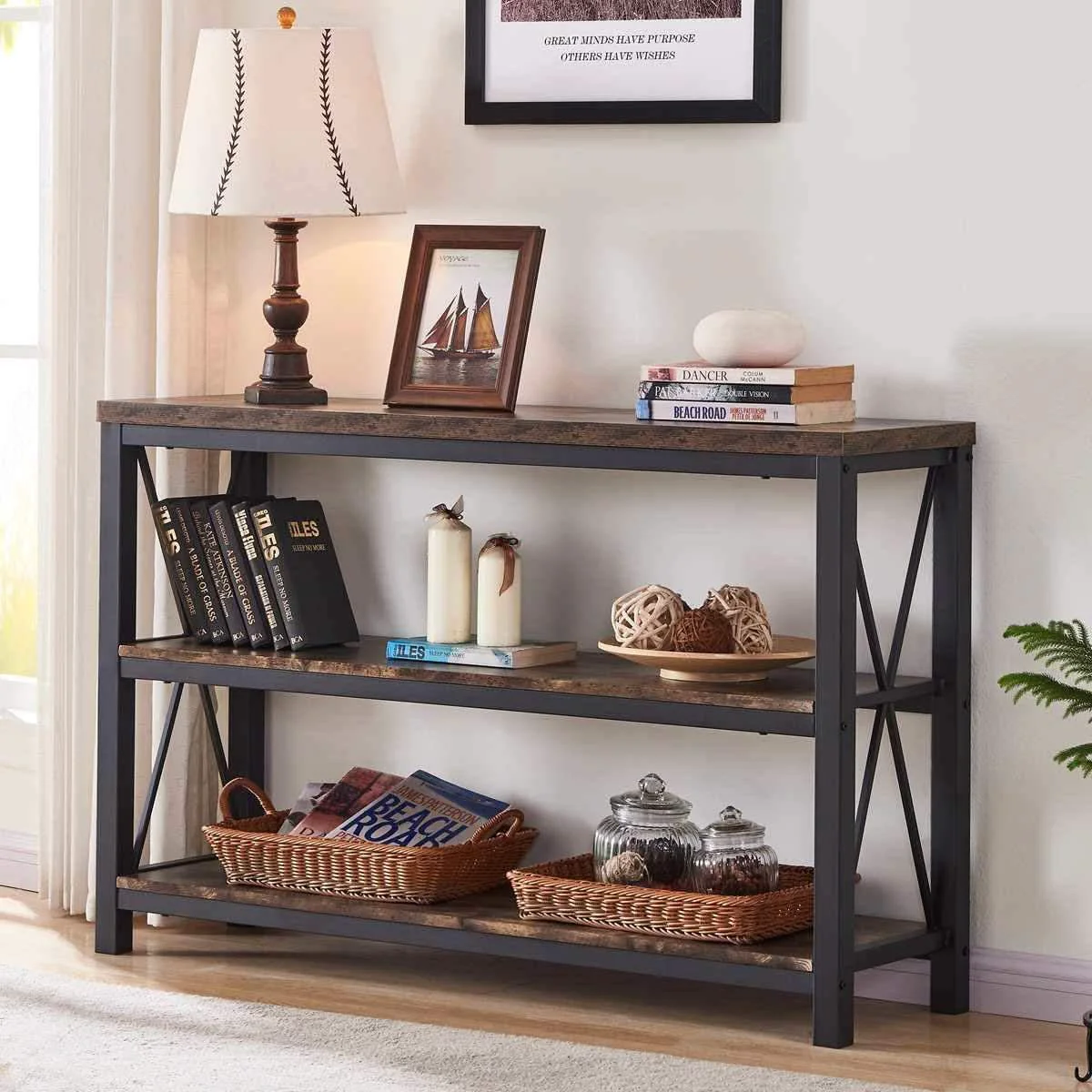 Organic Rustic 47 Inch 3 Tier Sofa Console Table With Open Shelves Dependable