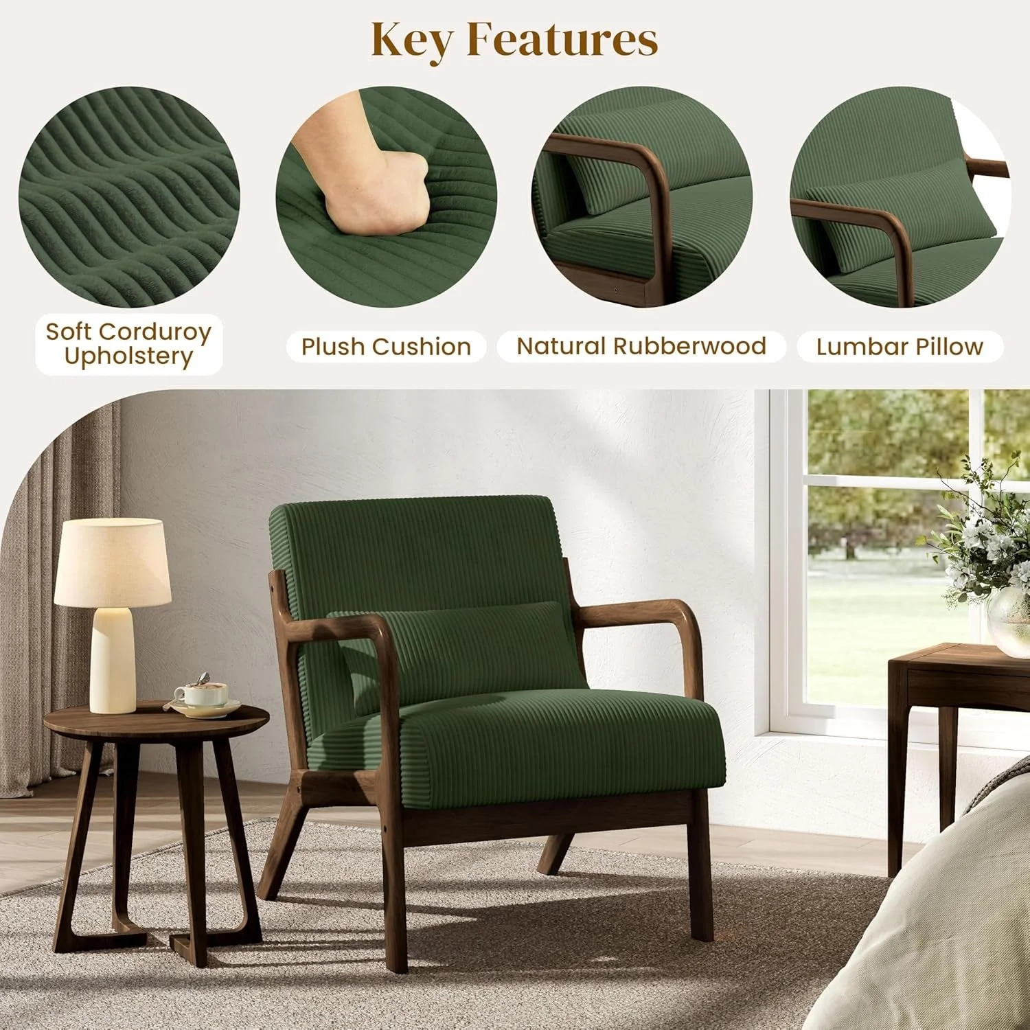 Effective Corduroy Accent Chair Dark Green Midcentury Upholstery Elegant