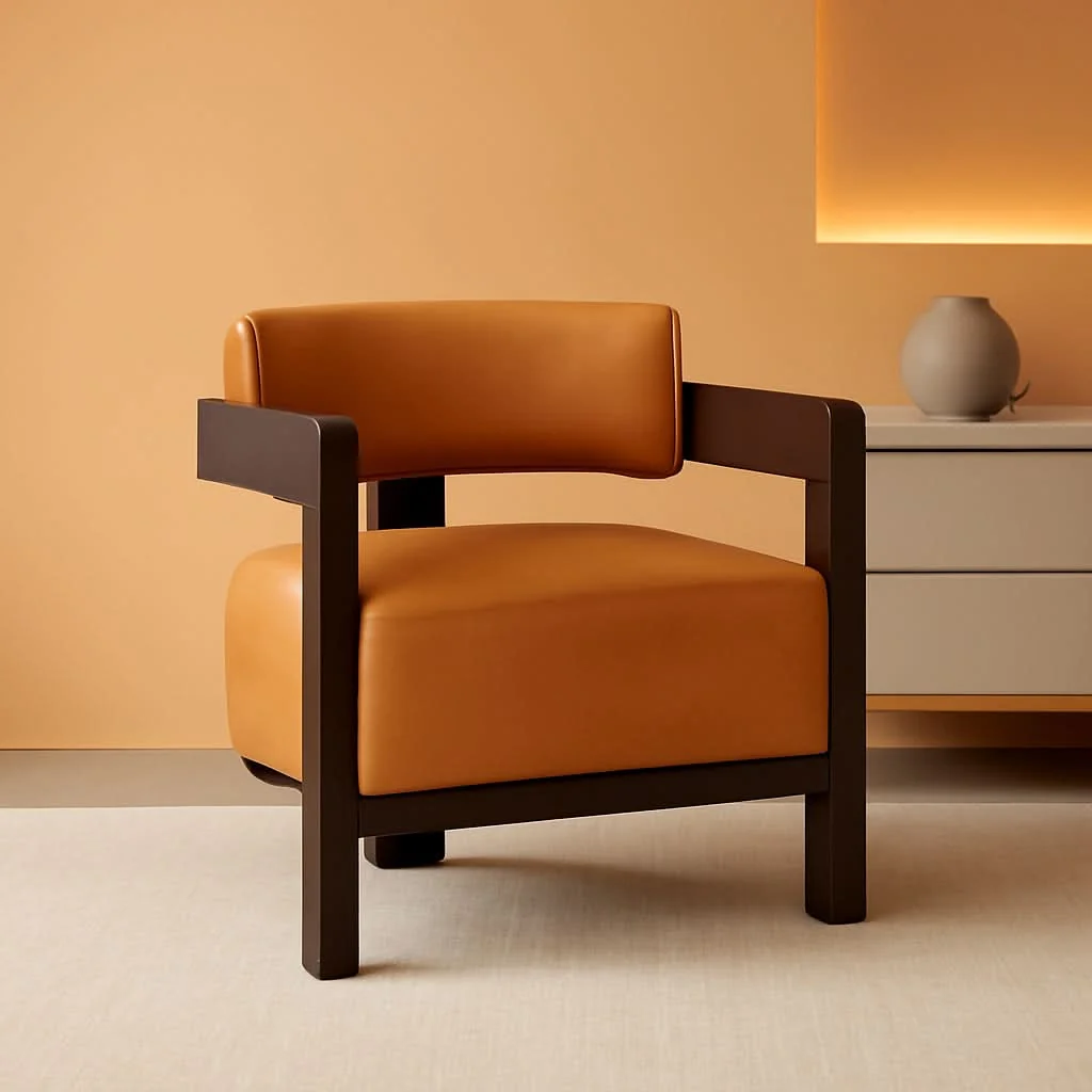 High-Performance Brown Leather Barrel Chair Midcentury Upholstered WoodenLegs Detailed