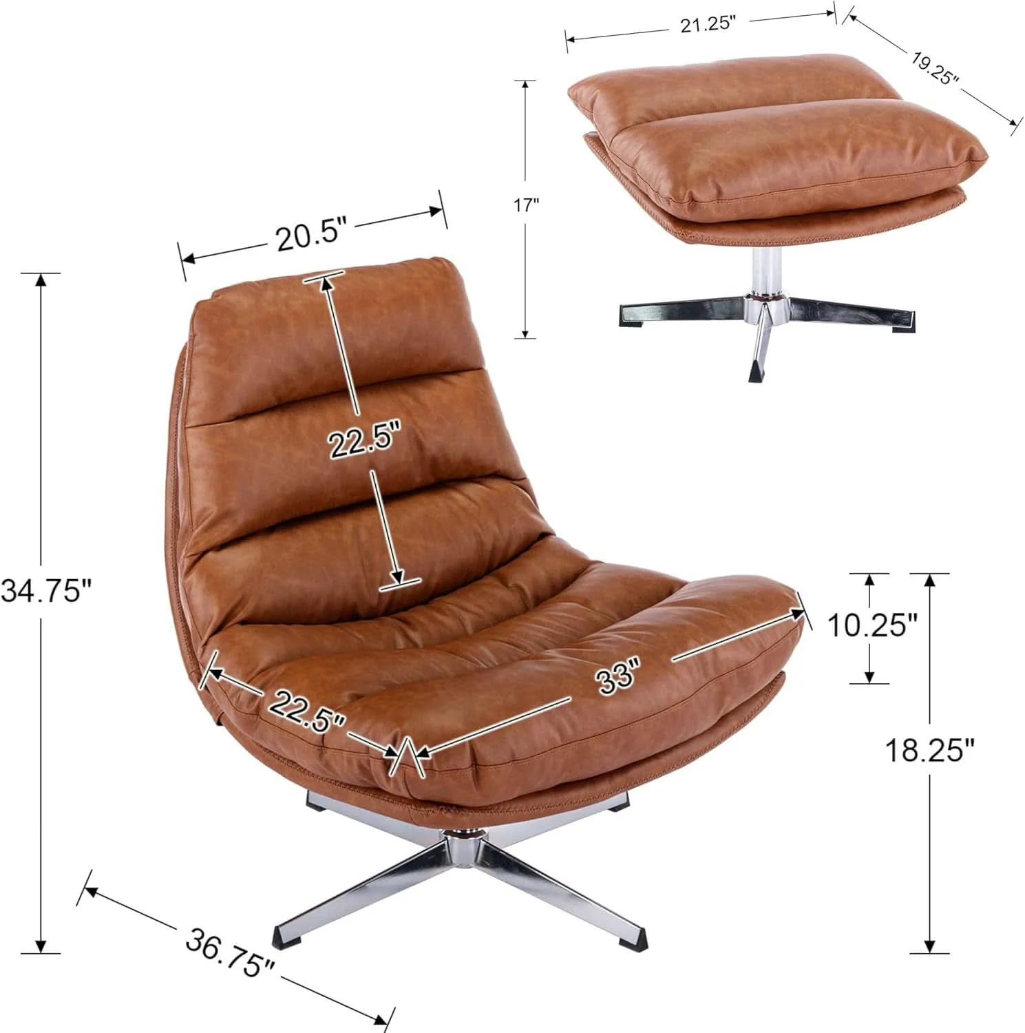 Soft Brown Upholstered Faux Leather Swivel Chair Ottoman Sustainable