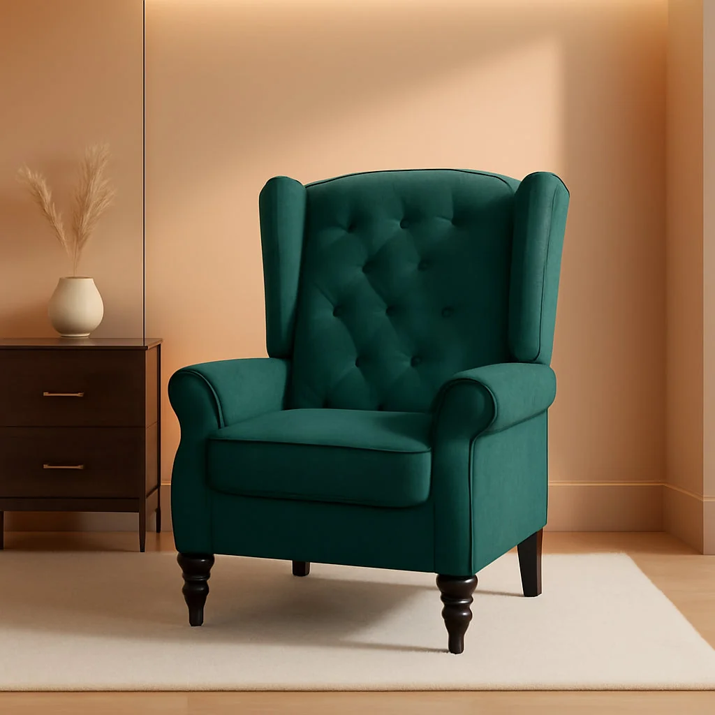 Minimalist Dark Green Wingback Accent Chair Tufted Upholstery Official