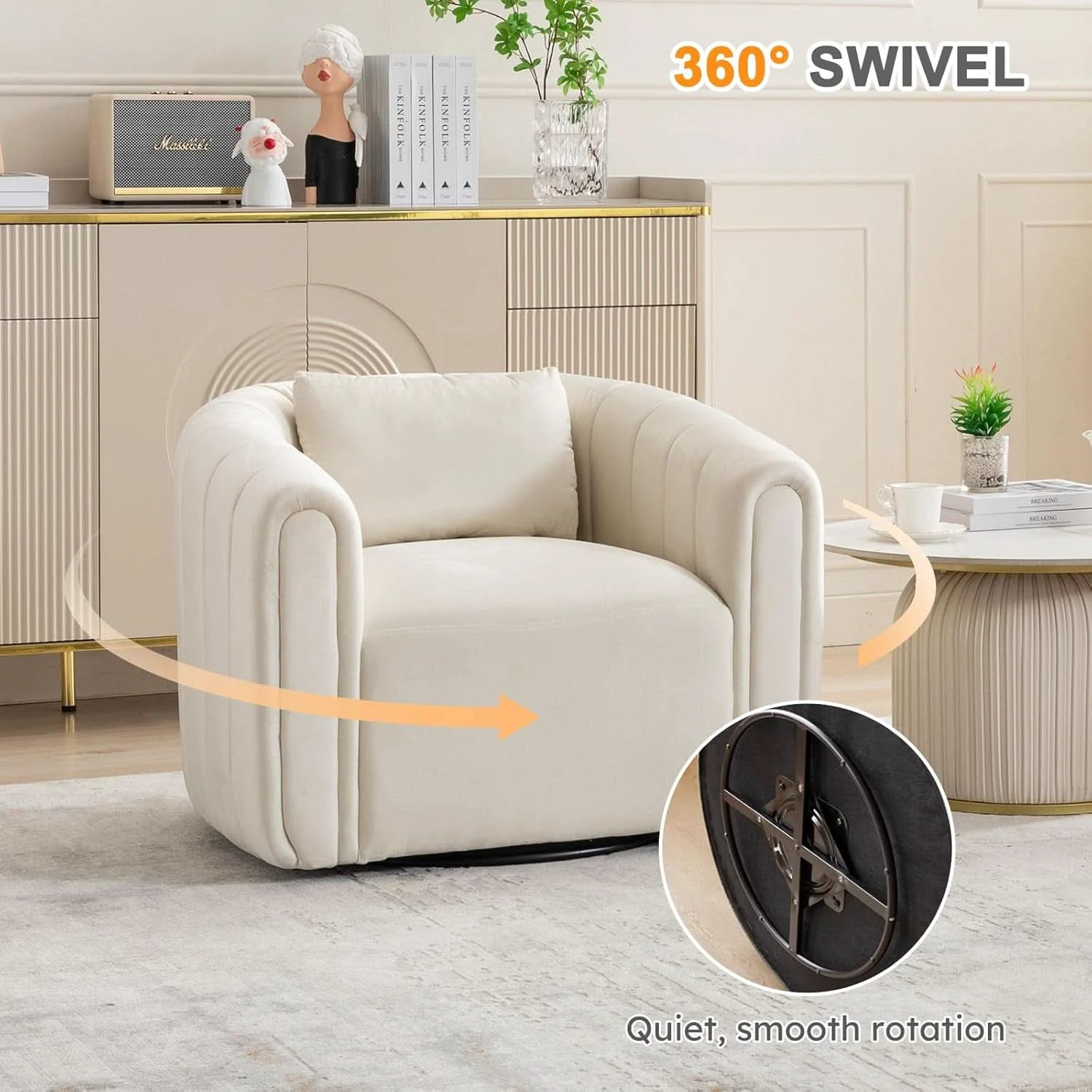 Top-Quality Beige Velvet Barrel Swivel Chair With LumbarPillow Expertly Made