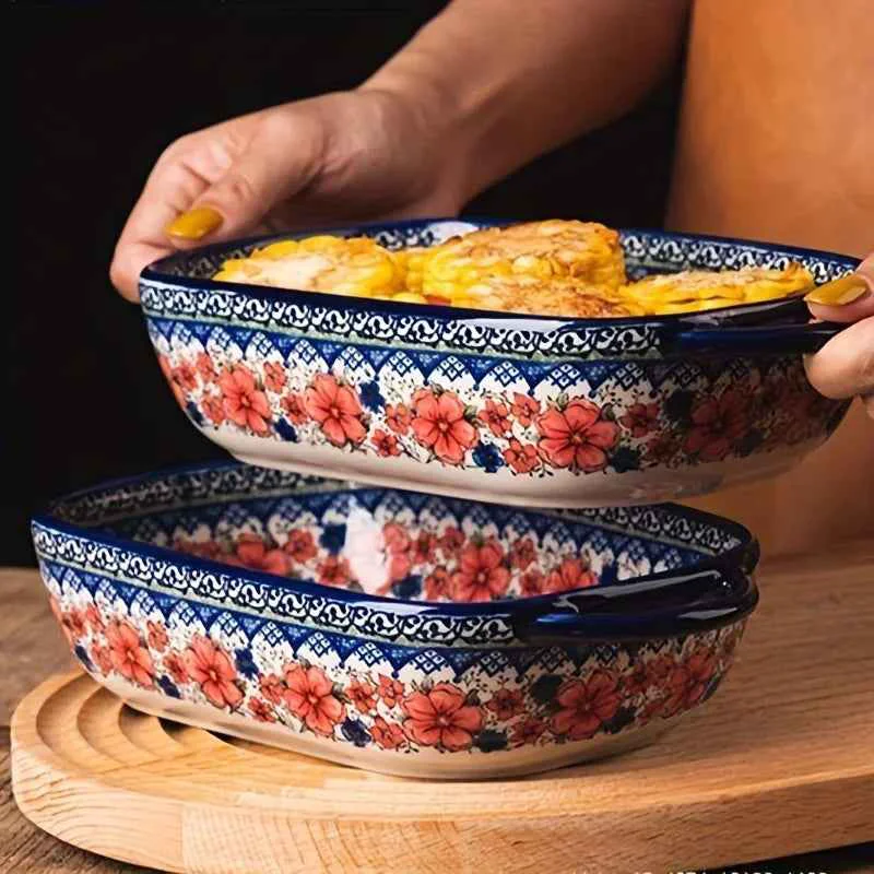 Relaxed Vibrant Floral Embossed 1pc Polish Ceramic Baking Dish – 9 x5.3 Rectangular Plate with Dual Handles for Lasagna Salads Cheese Bakes – Durable Hand-Painted Design for Home CookingSPECIFICATIONS Natural