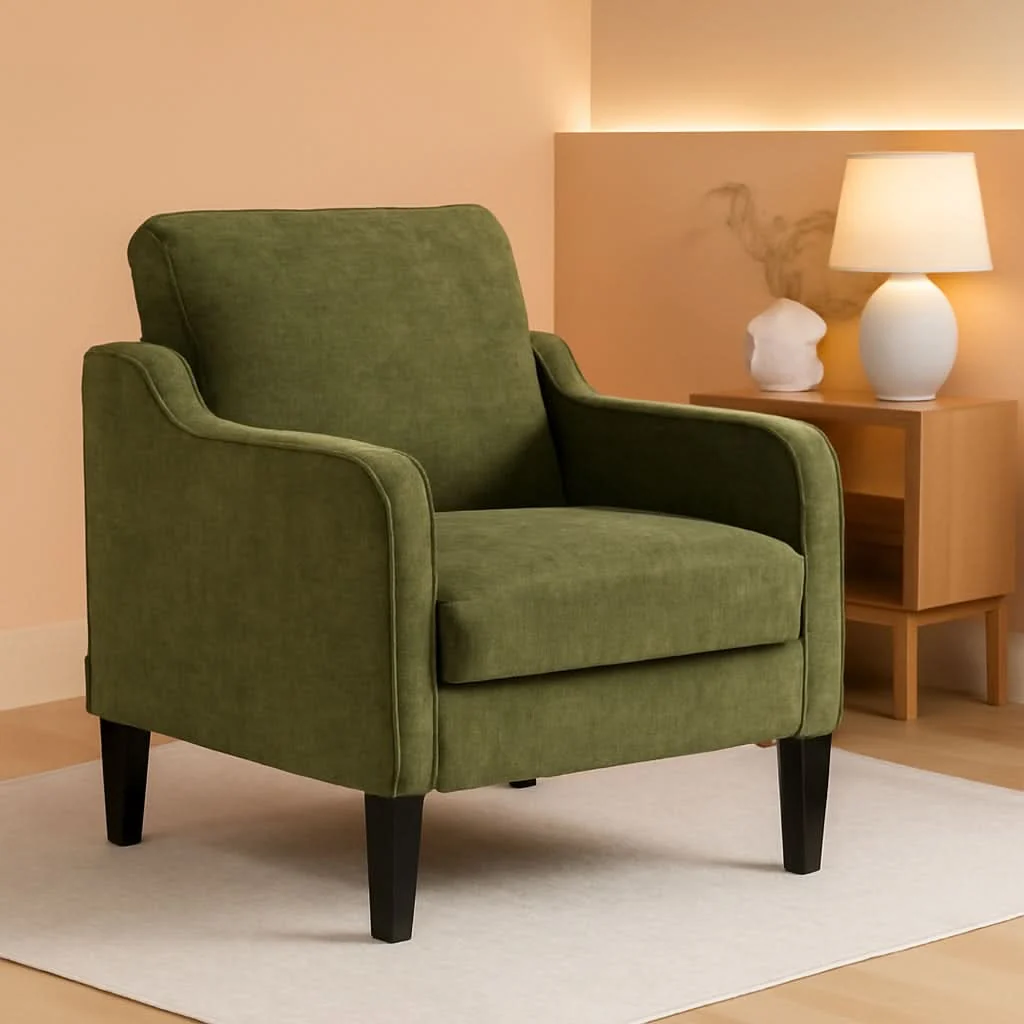 Sustainable Olive Green Upholstered Accent Chair Midcentury Comfort Detailed