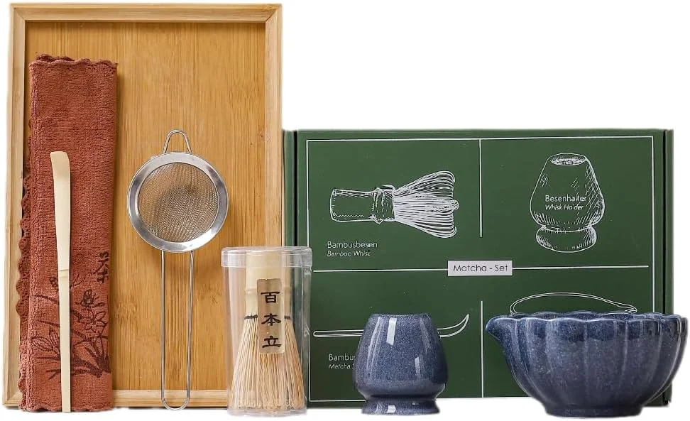 Expertly Made 6-Piece Matcha Whisk Set Japanese Bamboo Chasen Scoop Sifter Traditional Ceremonial Kit with Ceramic Bowl Whisk Holder Stand Smooth