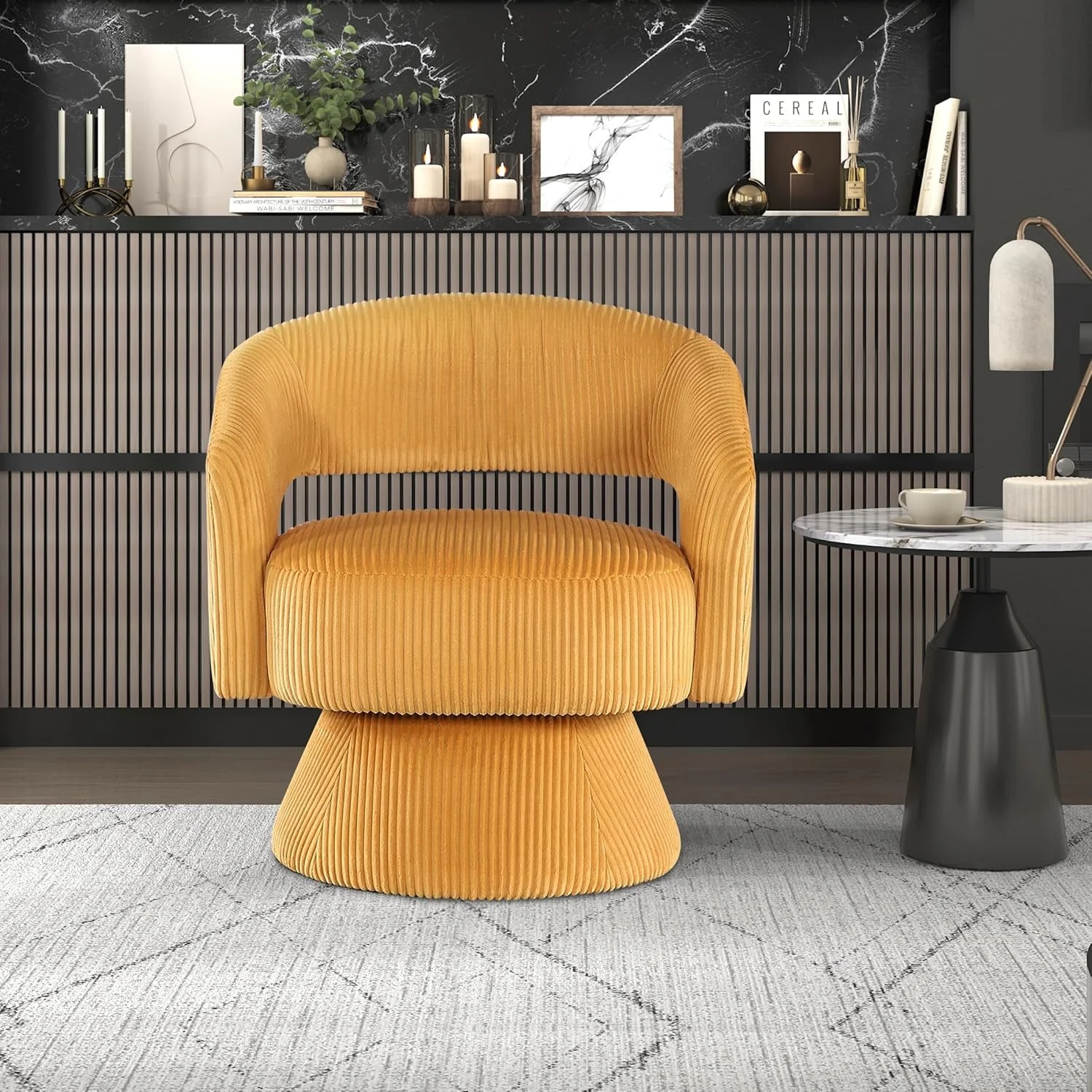 Prestigious 360Degree Swivel Accent Chair Corduroy Yellow Office Fashionable