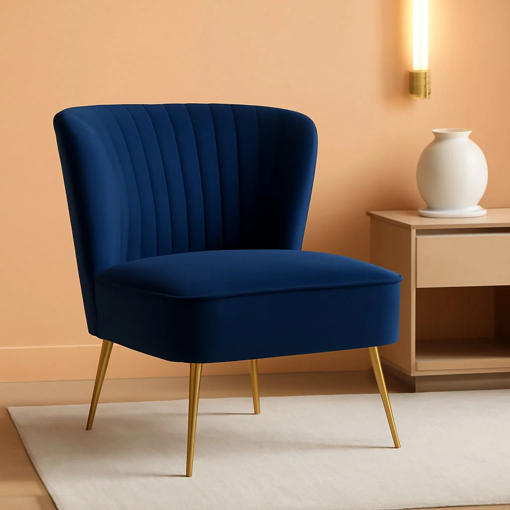 Casual Navy Velvet Wingback Upholstered Chair Gilded Legs Sustainable