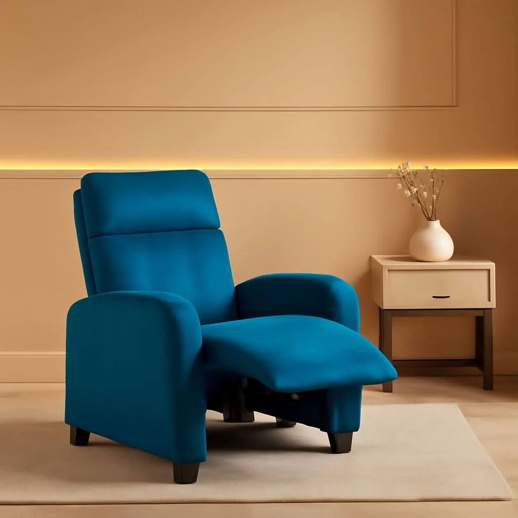 Original Blue Fabric Pushback Recliner Chair With Soft Armrests Superior