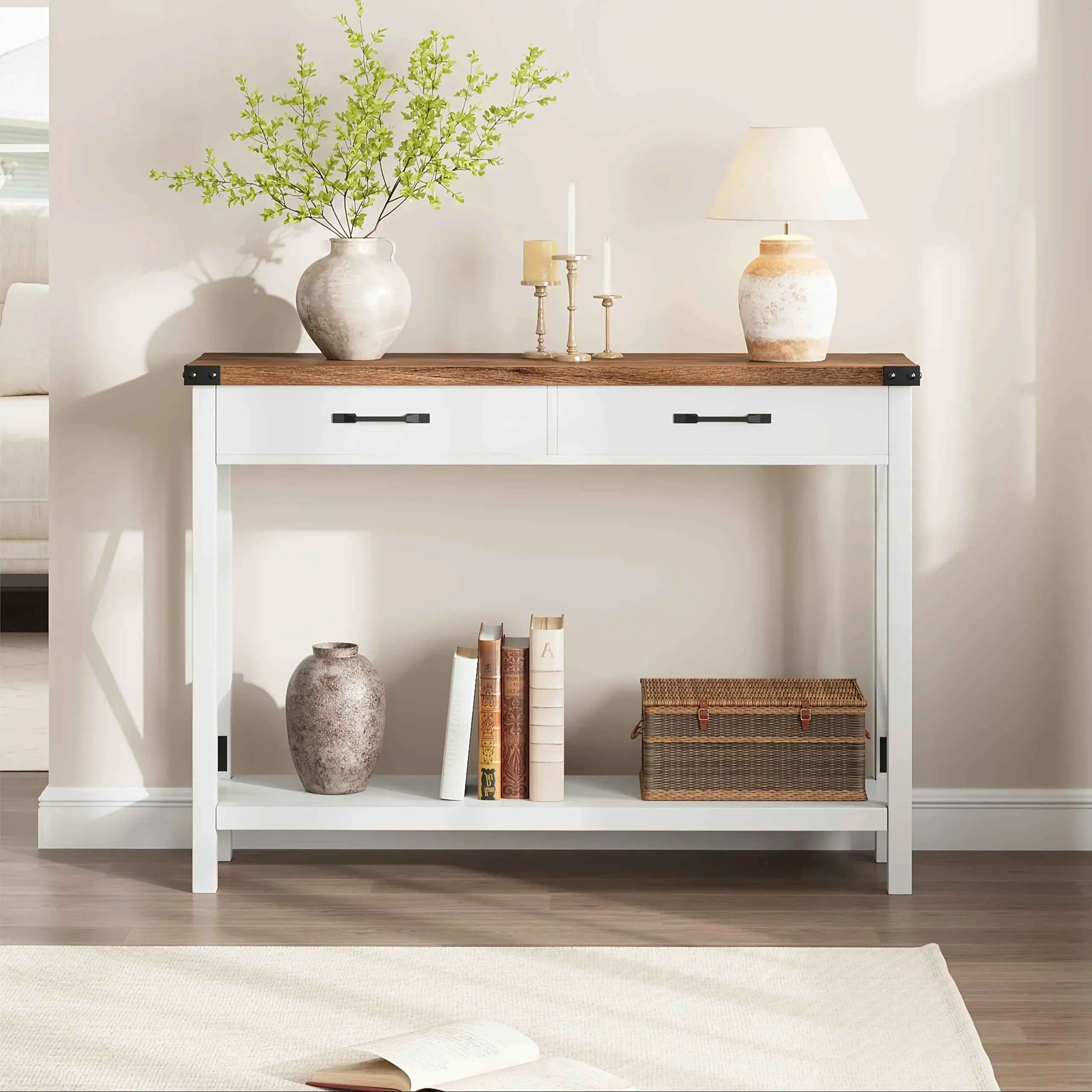 Trendy Industrial Farmhouse Entryway Table – Console Table with 2 Drawers Heavy-Duty Sofa Table Scratch-Resistant Easy Assembly Living Room Hallway Foyer Furniture for Farmhouse Modern Traditional Decor – Space-Saving NarrowSPECIFICATIONS Durable