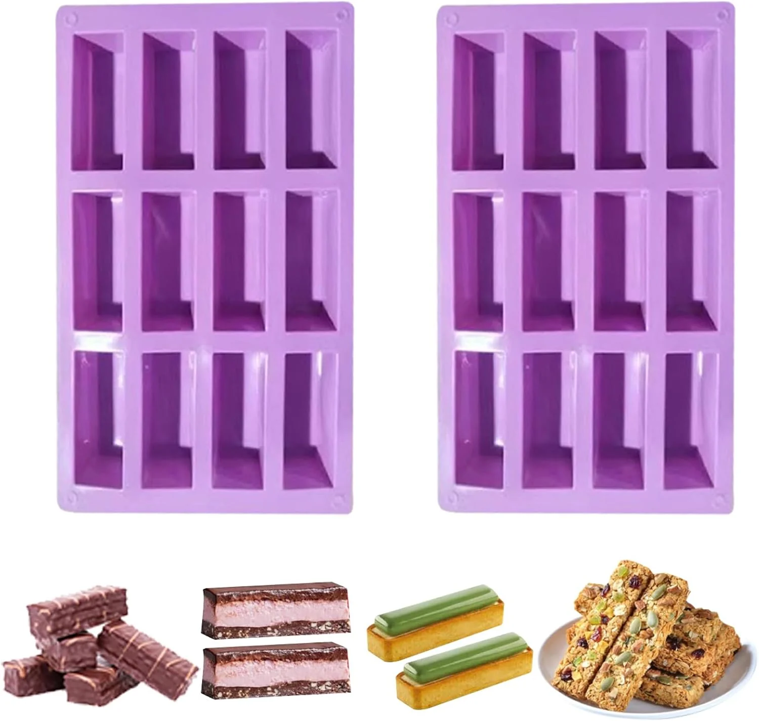 Artisan 2Pcs oat bar mold – 12rectangle silicone molds – Chocolate silicone mold for baking candies energy bars cheesecake dried fruit ce cookies 2 purple Flexible