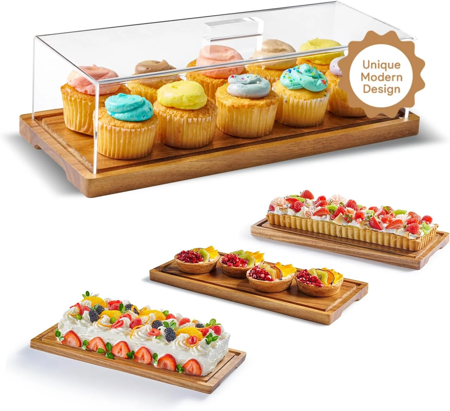 Premium Material HOMESPHERE Cake Display with Lid Rectangle Cake Stand Cookie Display Acacia Wood Cake Stand with Lid Pastry Display with Dome for Loaf Cakes Bread Wood Tray Platter amp Acrylic Cover 15×6.25 Trusted