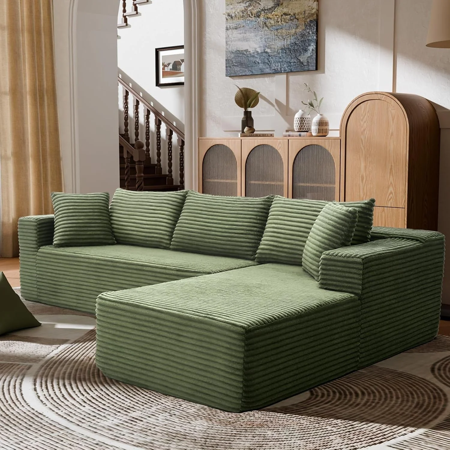 Efficient 106 Inch Emerald Corduroy Luxurious Sectional Sofa Authentic