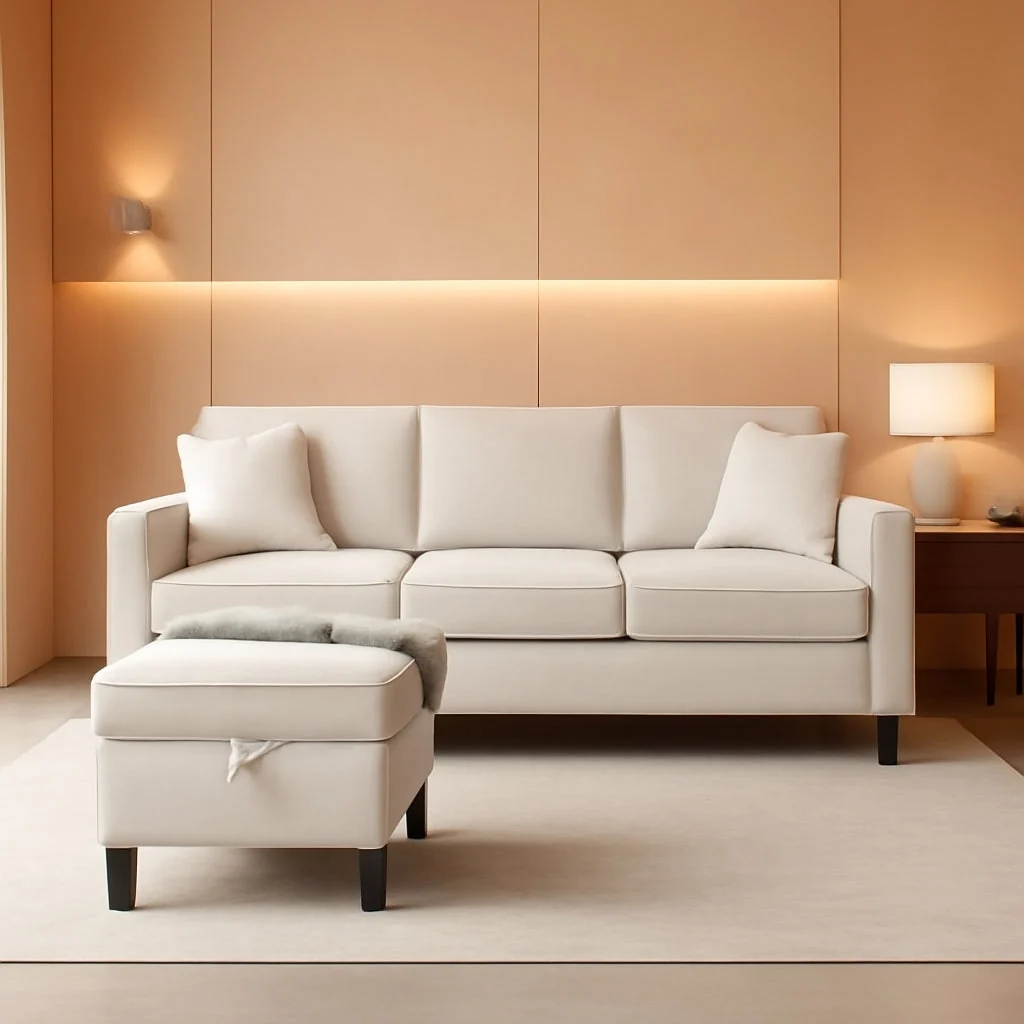 Prestigious Seventy EightInch Beige Linen Sectional Sofa Storage Organic