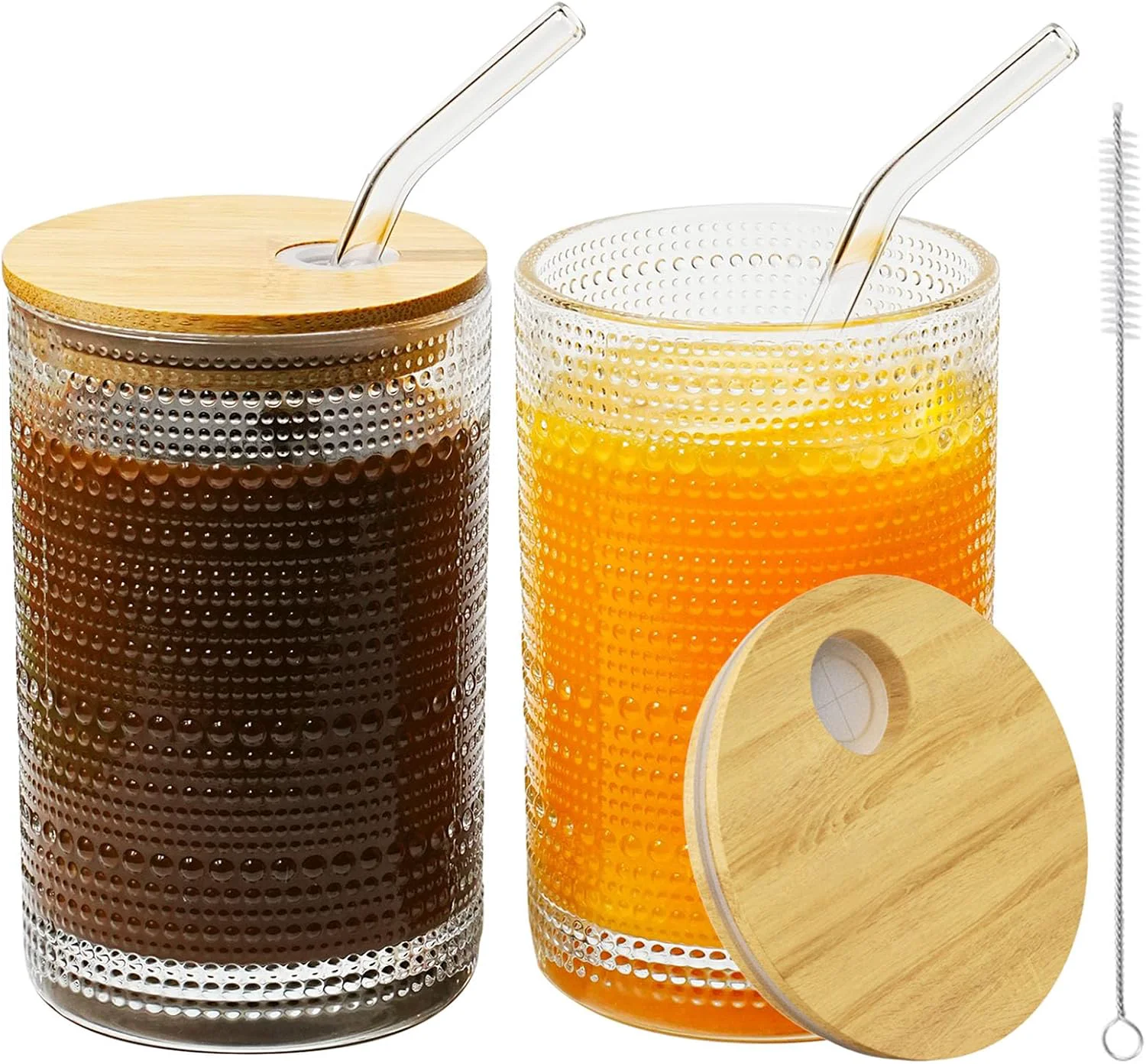 Optimized 15 Oz Glass Cups with Lids and Straws Vintage Embossed Glassware for Whiskey Cocktail Beer Iced Coffee Cup with Lid 2 PACK Long-Lasting