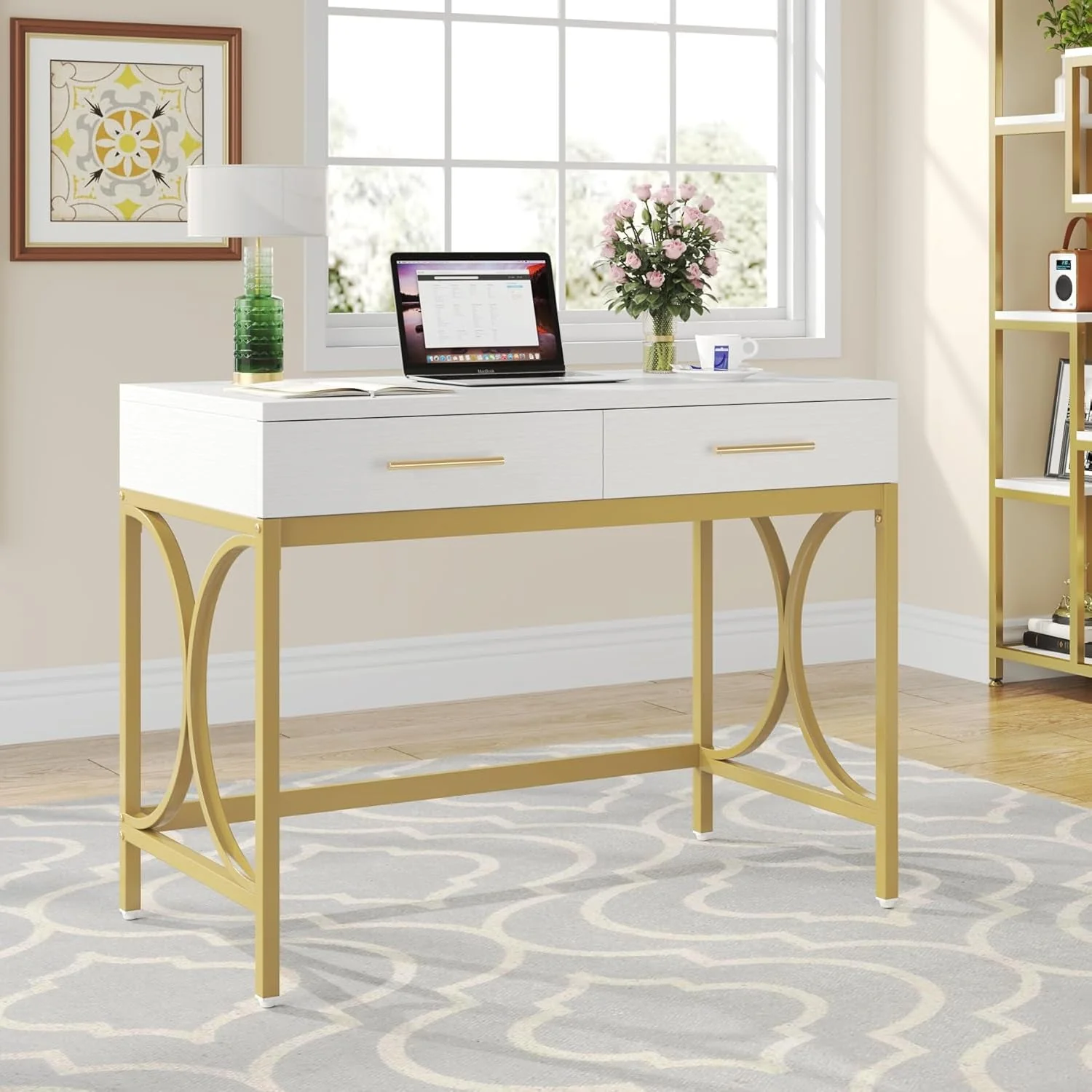 Long-Lasting White And Gold 41Inch Workstation Desk With Drawers Trusted