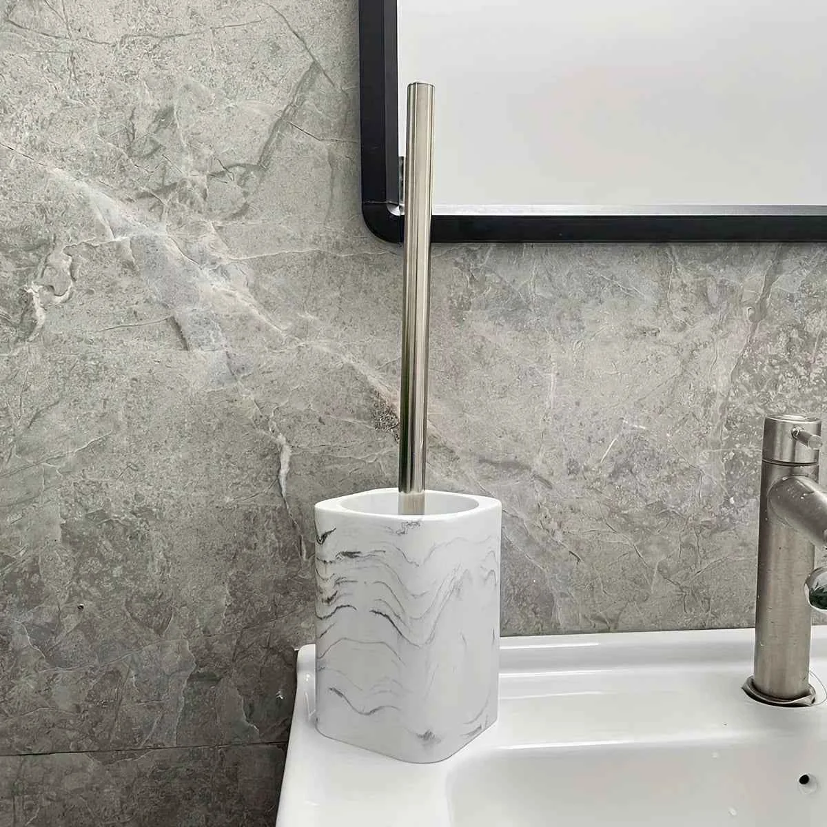 Flexible Resin White Marble Toilet Brush Holder with Handle Reusable Floor Mount Bathroom Accessory Hard Solid Project No Electricity Needed – I Christmas GiftSPECIFICATIONS Optimized