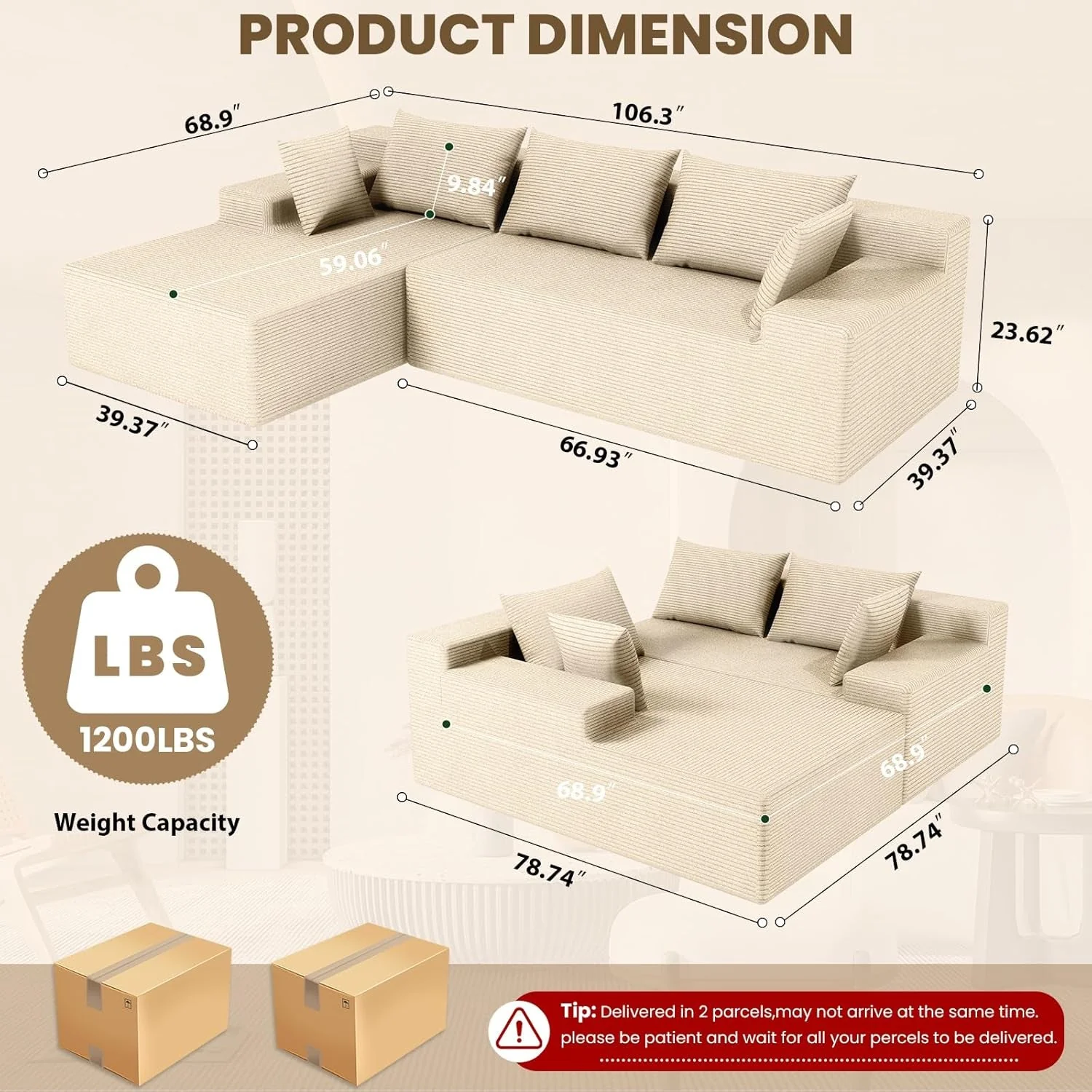 Fine Crafted 107 Inches Cloudlike Sectional Sofa Left Chaise Beige Smart